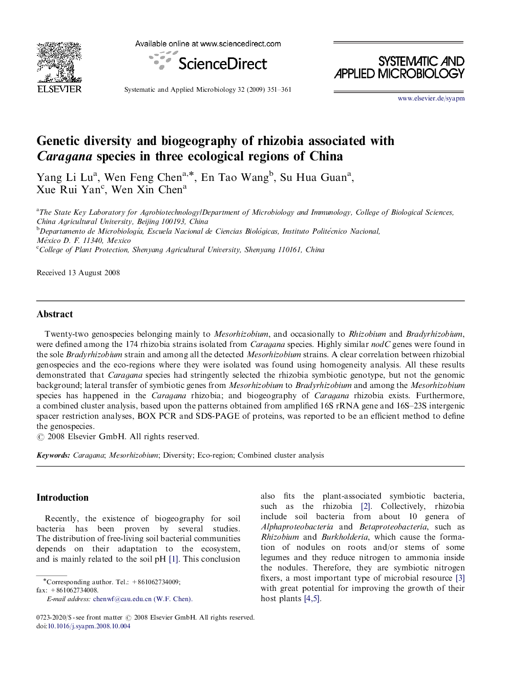 Genetic diversity and biogeography of rhizobia associated with Caragana species in three ecological regions of China