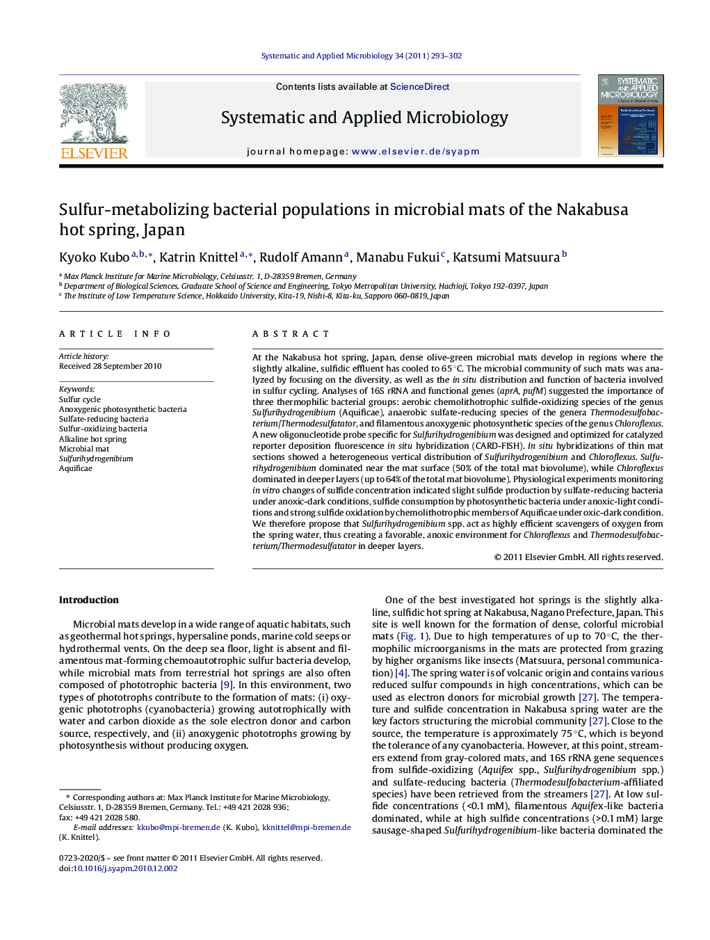 Sulfur-metabolizing bacterial populations in microbial mats of the Nakabusa hot spring, Japan