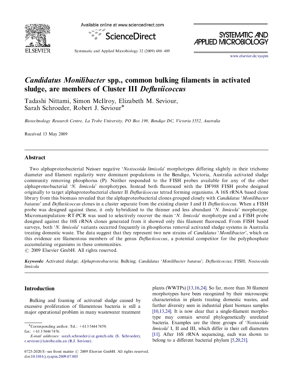 Candidatus Monilibacter spp., common bulking filaments in activated sludge, are members of Cluster III Defluviicoccus