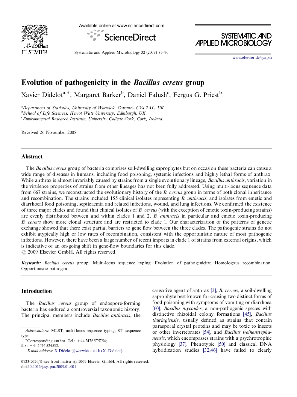 عکس صفحه اول مقاله: Evolution of pathogenicity in the Bacillus cereus group Evolution of pathogenicity in the Bacillus cereus group