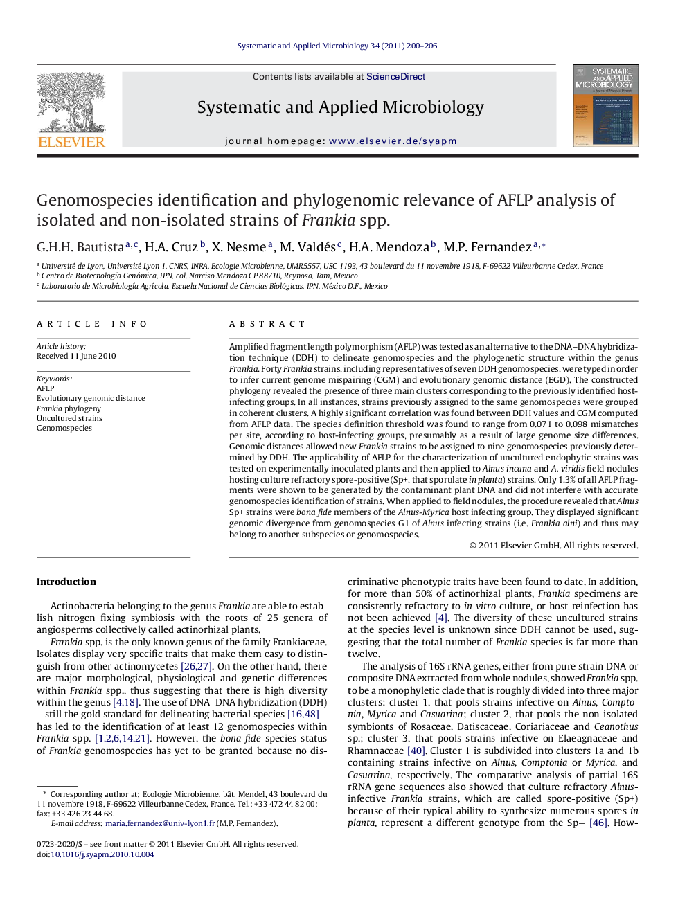 Genomospecies identification and phylogenomic relevance of AFLP analysis of isolated and non-isolated strains of Frankia spp.