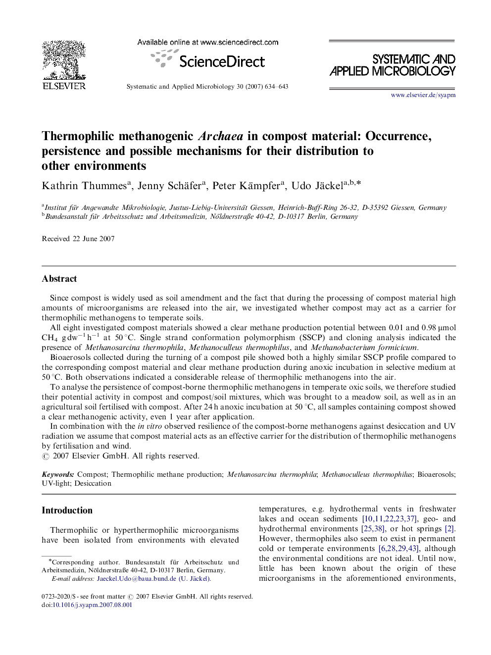 Thermophilic methanogenic Archaea in compost material: Occurrence, persistence and possible mechanisms for their distribution to other environments