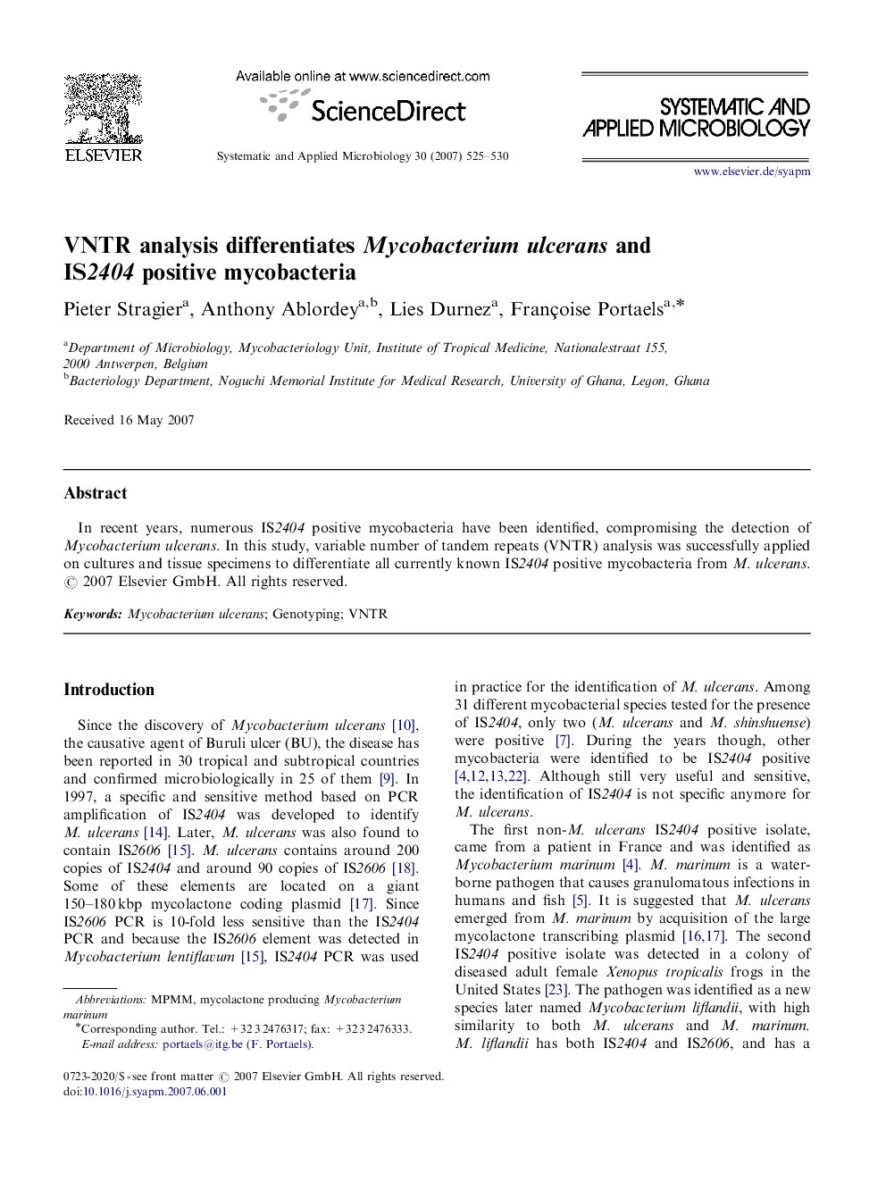 VNTR analysis differentiates Mycobacterium ulcerans and IS2404 positive mycobacteria