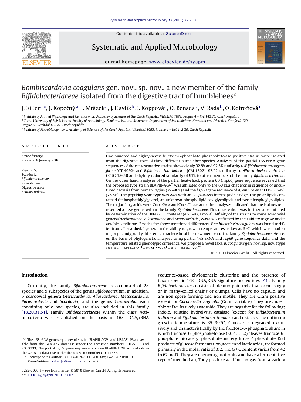 Bombiscardovia coagulans gen. nov., sp. nov., a new member of the family Bifidobacteriaceae isolated from the digestive tract of bumblebees 