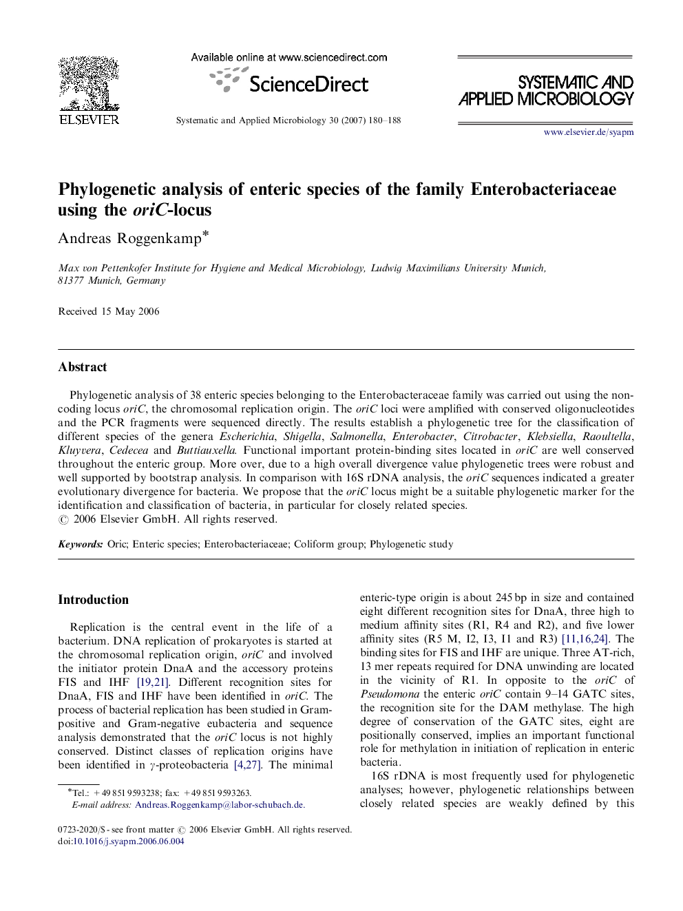 Phylogenetic analysis of enteric species of the family Enterobacteriaceae using the oriC-locus