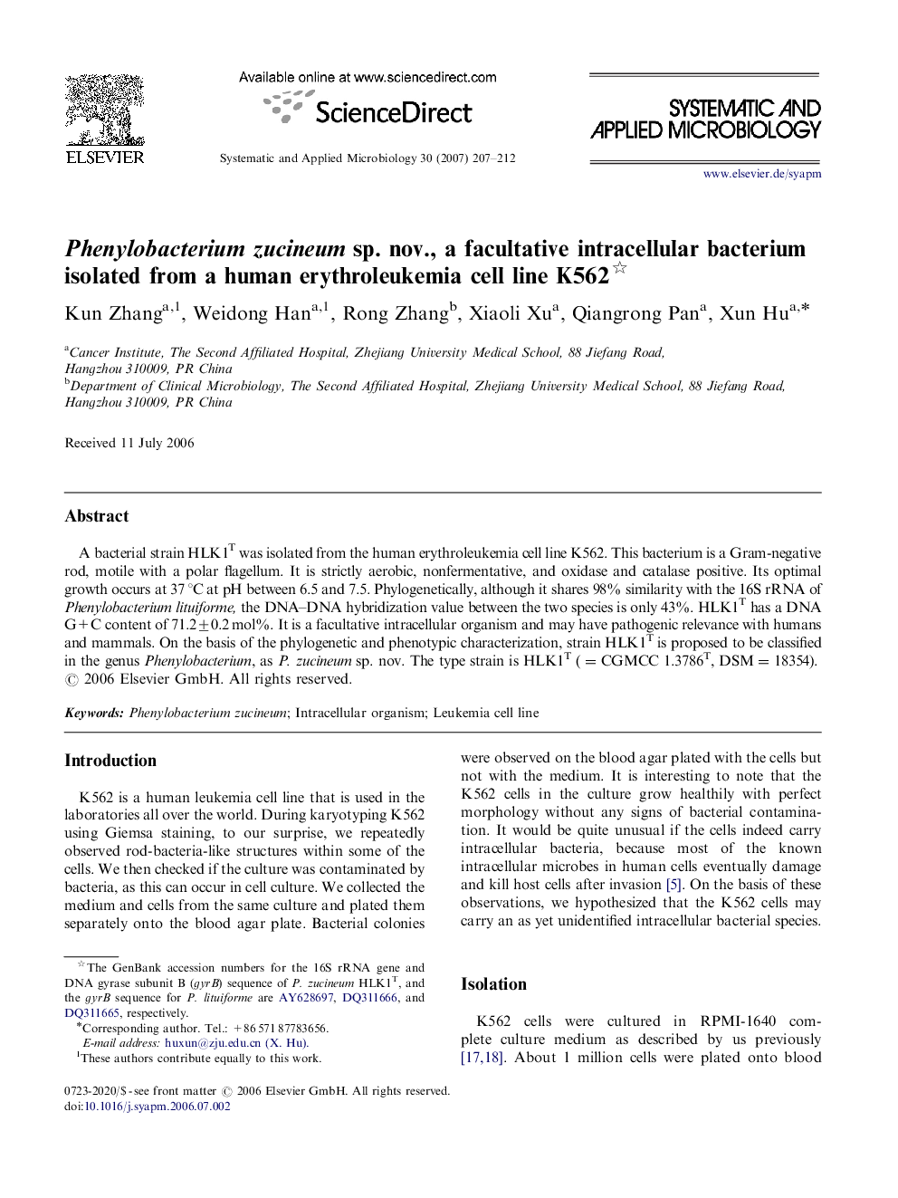 Phenylobacterium zucineum sp. nov., a facultative intracellular bacterium isolated from a human erythroleukemia cell line K562 