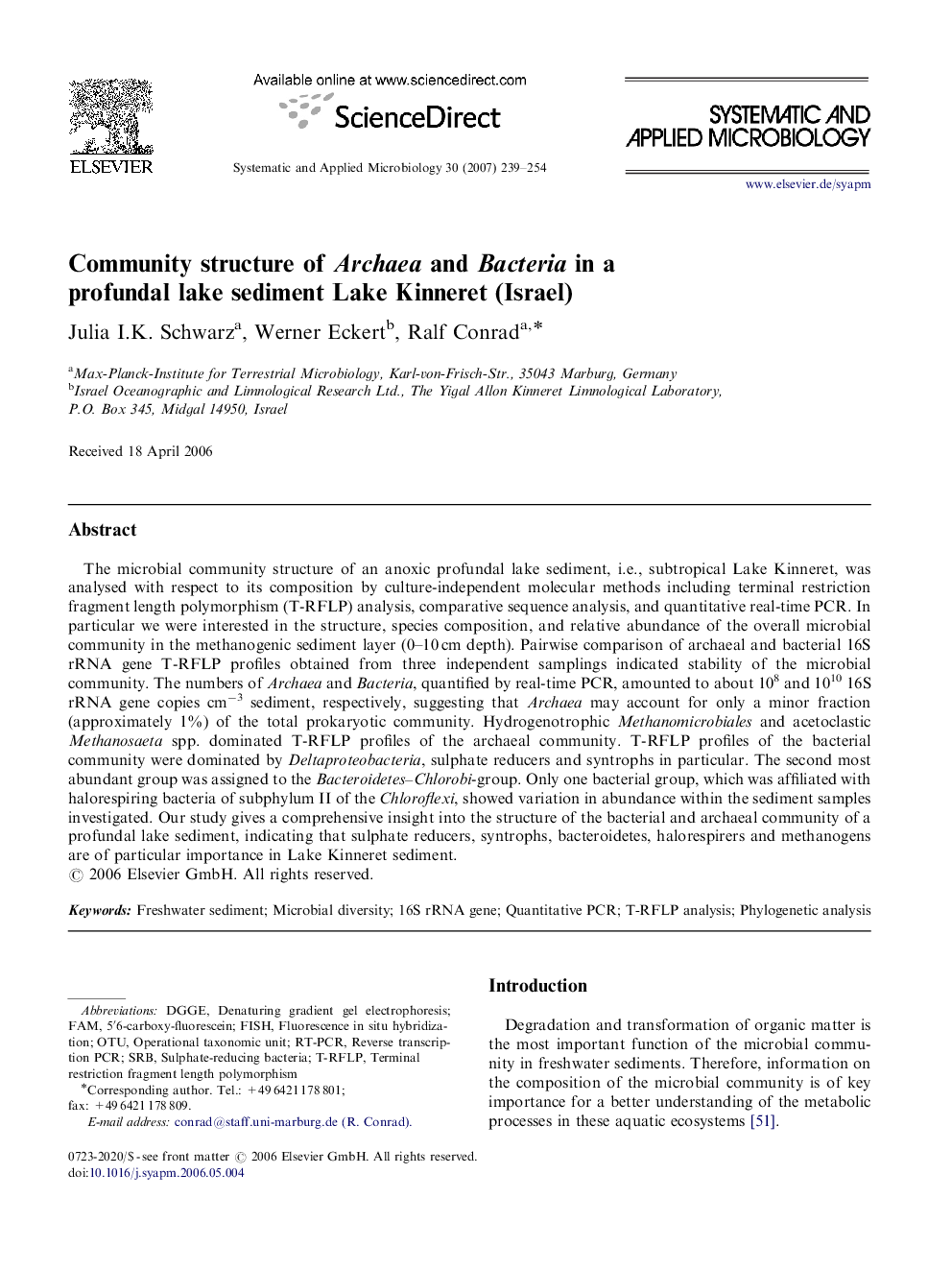 Community structure of Archaea and Bacteria in a profundal lake sediment Lake Kinneret (Israel)