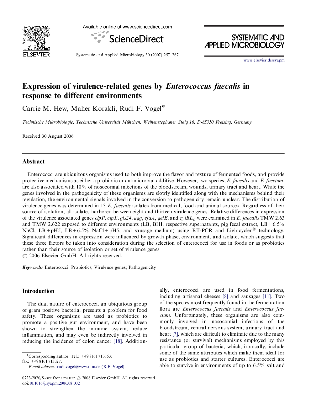 Expression of virulence-related genes by Enterococcus faecalis in response to different environments