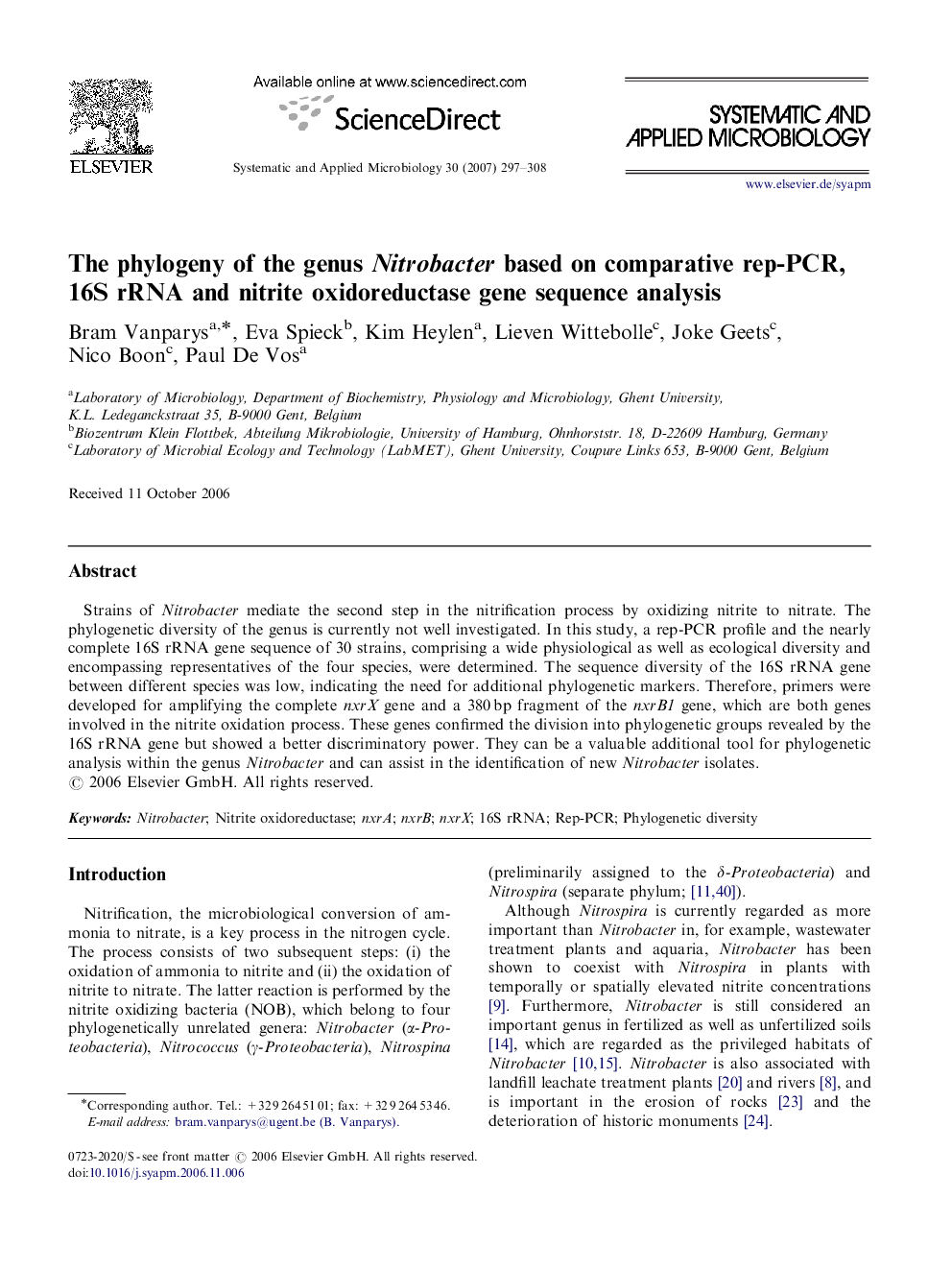 The phylogeny of the genus Nitrobacter based on comparative rep-PCR, 16S rRNA and nitrite oxidoreductase gene sequence analysis