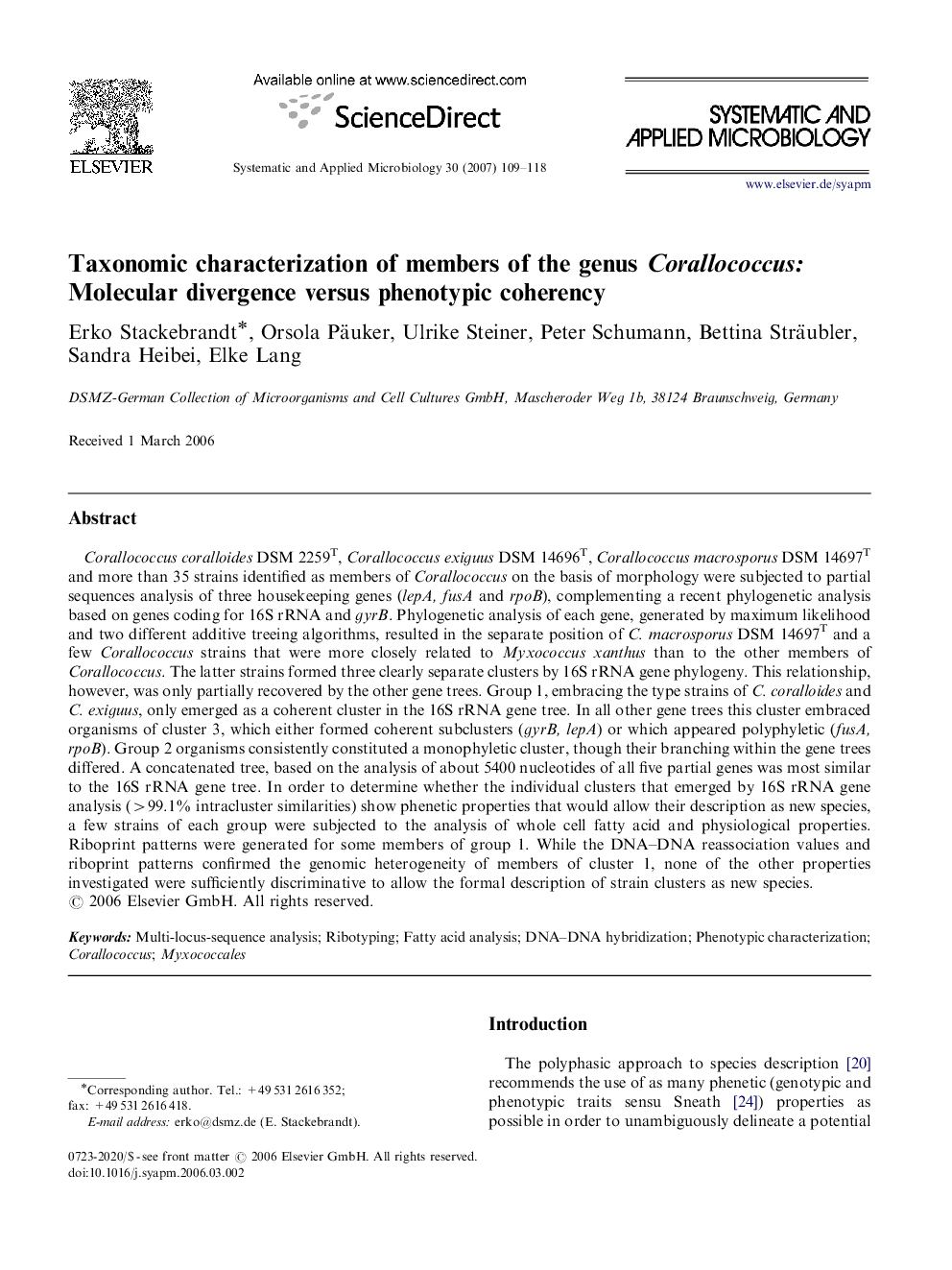 Taxonomic characterization of members of the genus Corallococcus: Molecular divergence versus phenotypic coherency