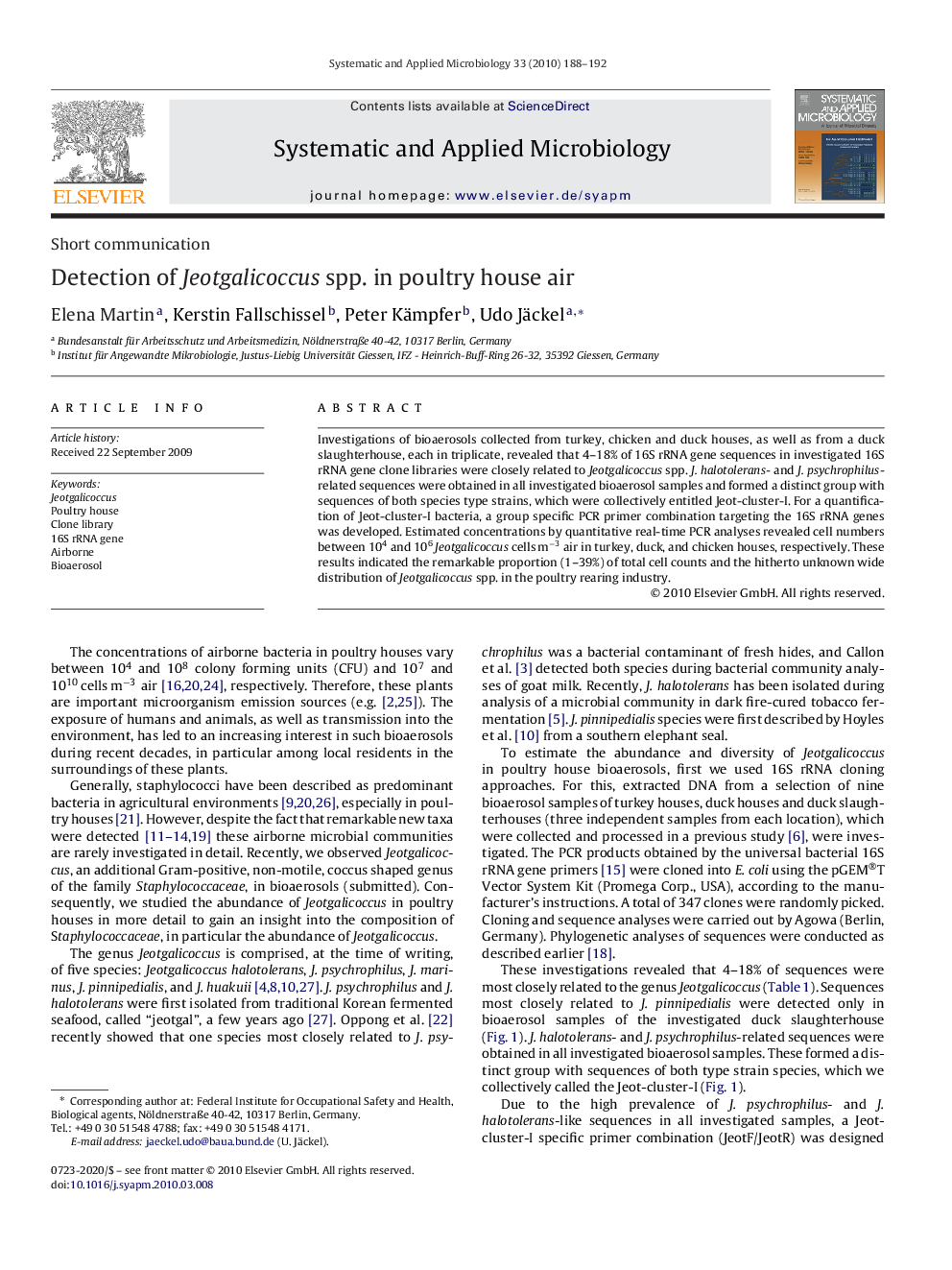 Detection of Jeotgalicoccus spp. in poultry house air