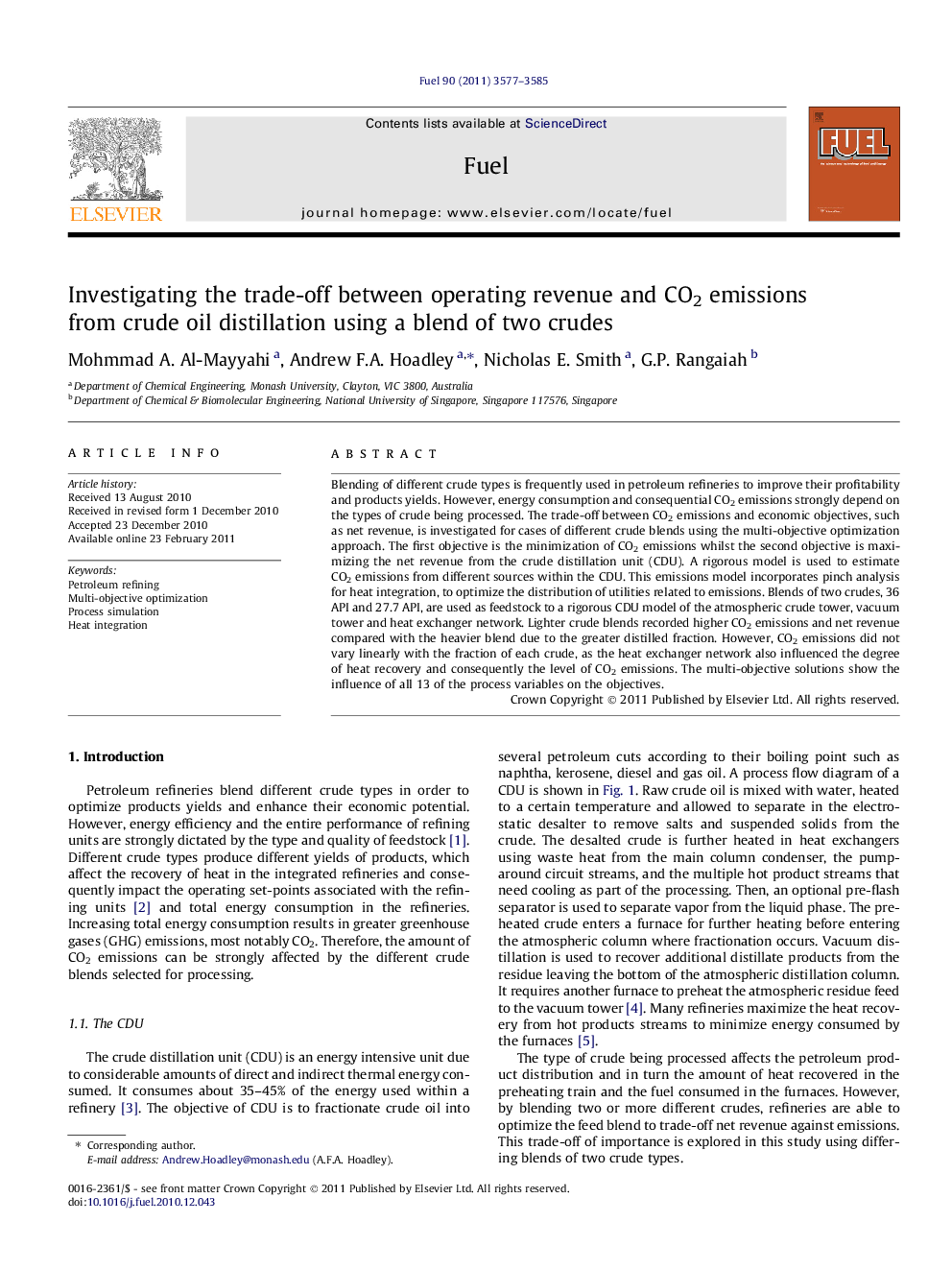 Investigating the trade-off between operating revenue and CO2 emissions from crude oil distillation using a blend of two crudes