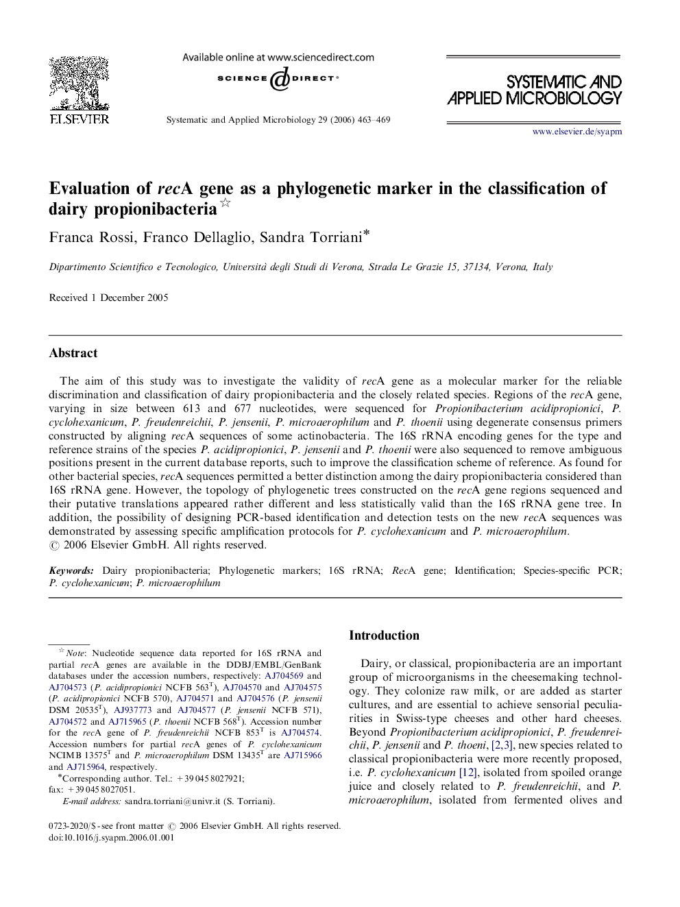 Evaluation of recA gene as a phylogenetic marker in the classification of dairy propionibacteria 