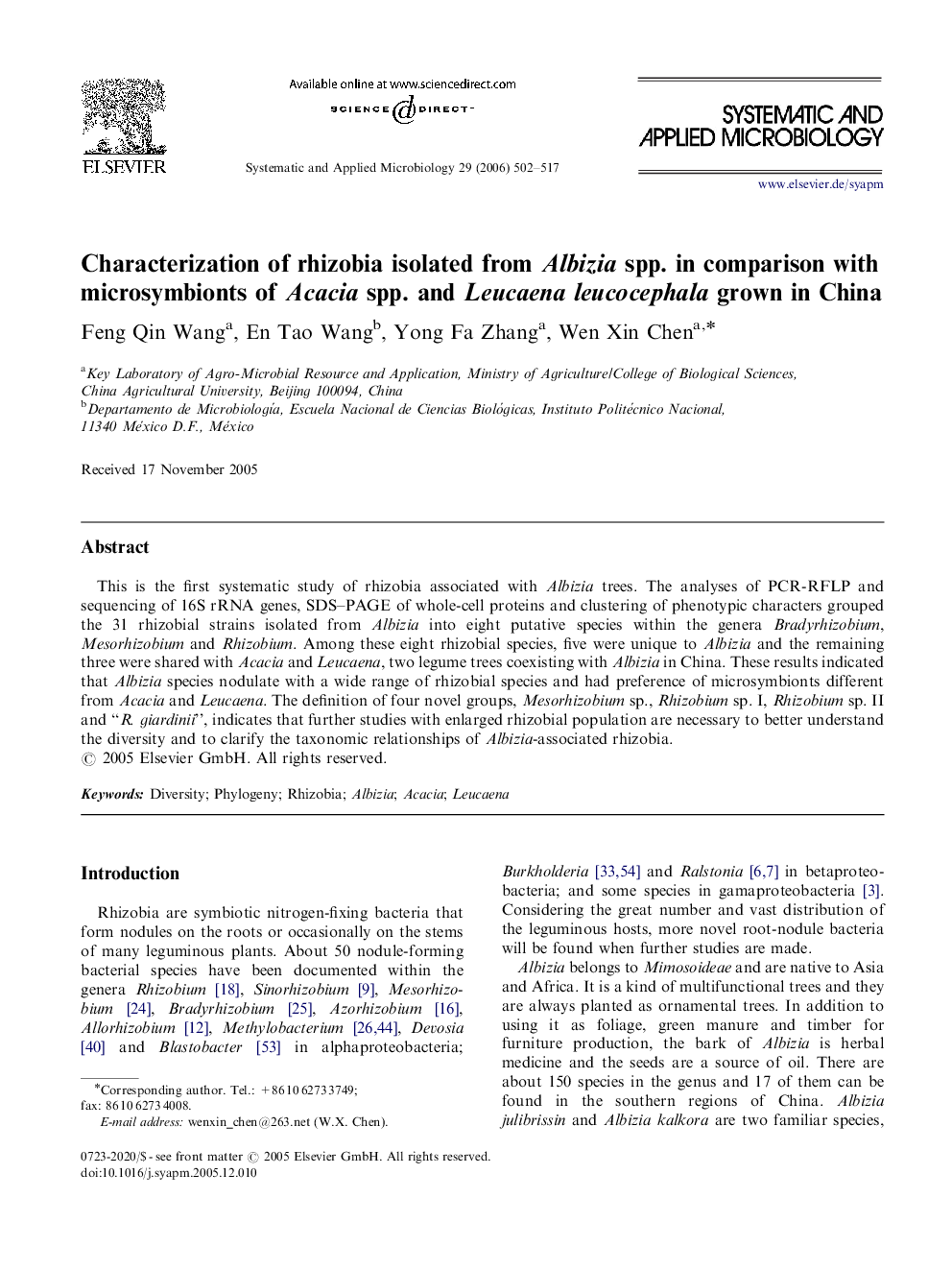 Characterization of rhizobia isolated from Albizia spp. in comparison with microsymbionts of Acacia spp. and Leucaena leucocephala grown in China