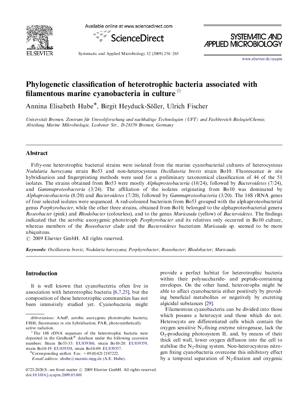 Phylogenetic classification of heterotrophic bacteria associated with filamentous marine cyanobacteria in culture 