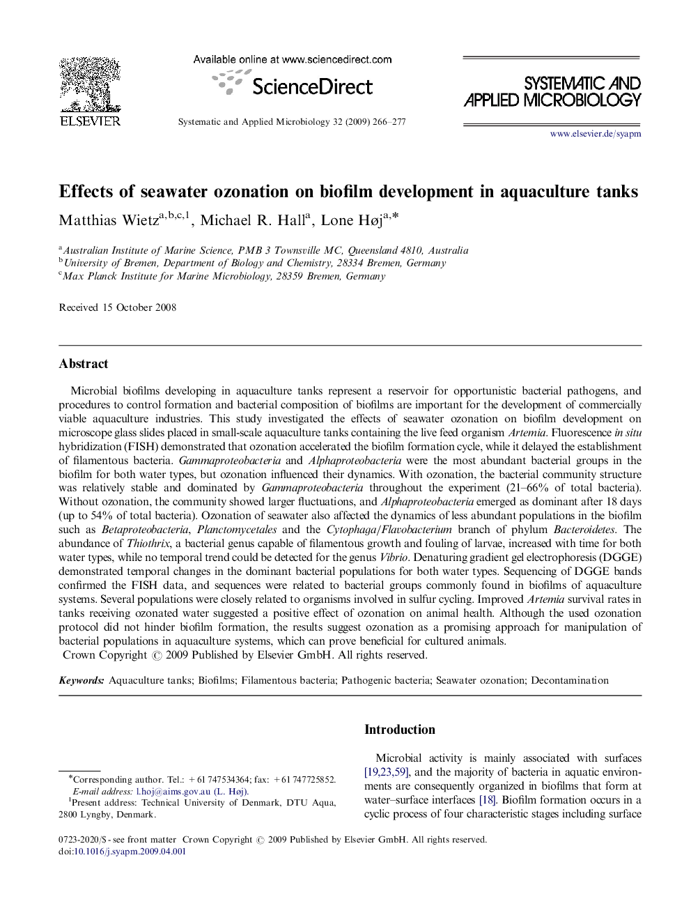 Effects of seawater ozonation on biofilm development in aquaculture tanks