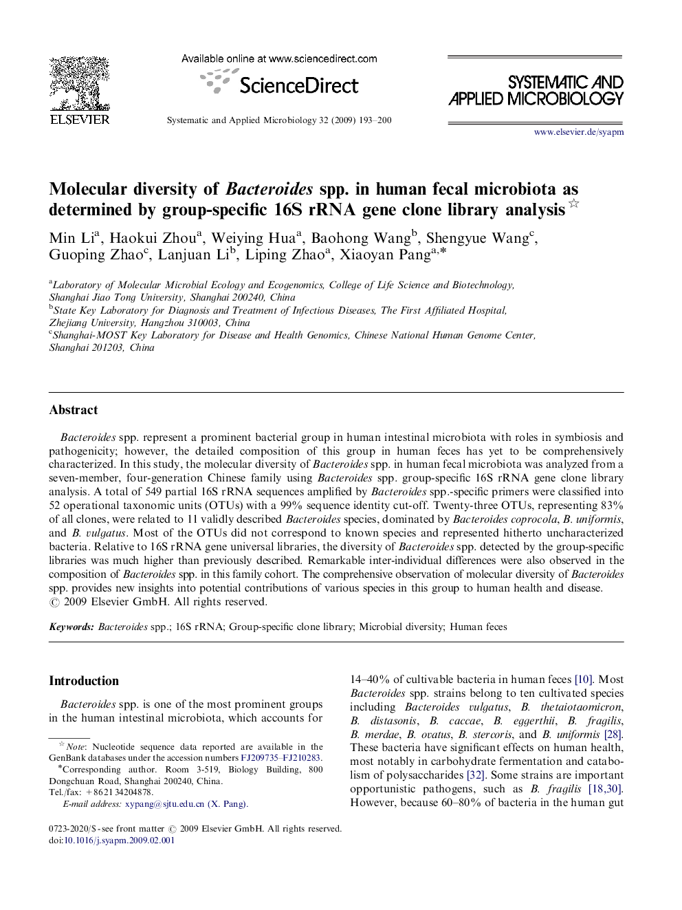 Molecular diversity of Bacteroides spp. in human fecal microbiota as determined by group-specific 16S rRNA gene clone library analysis 