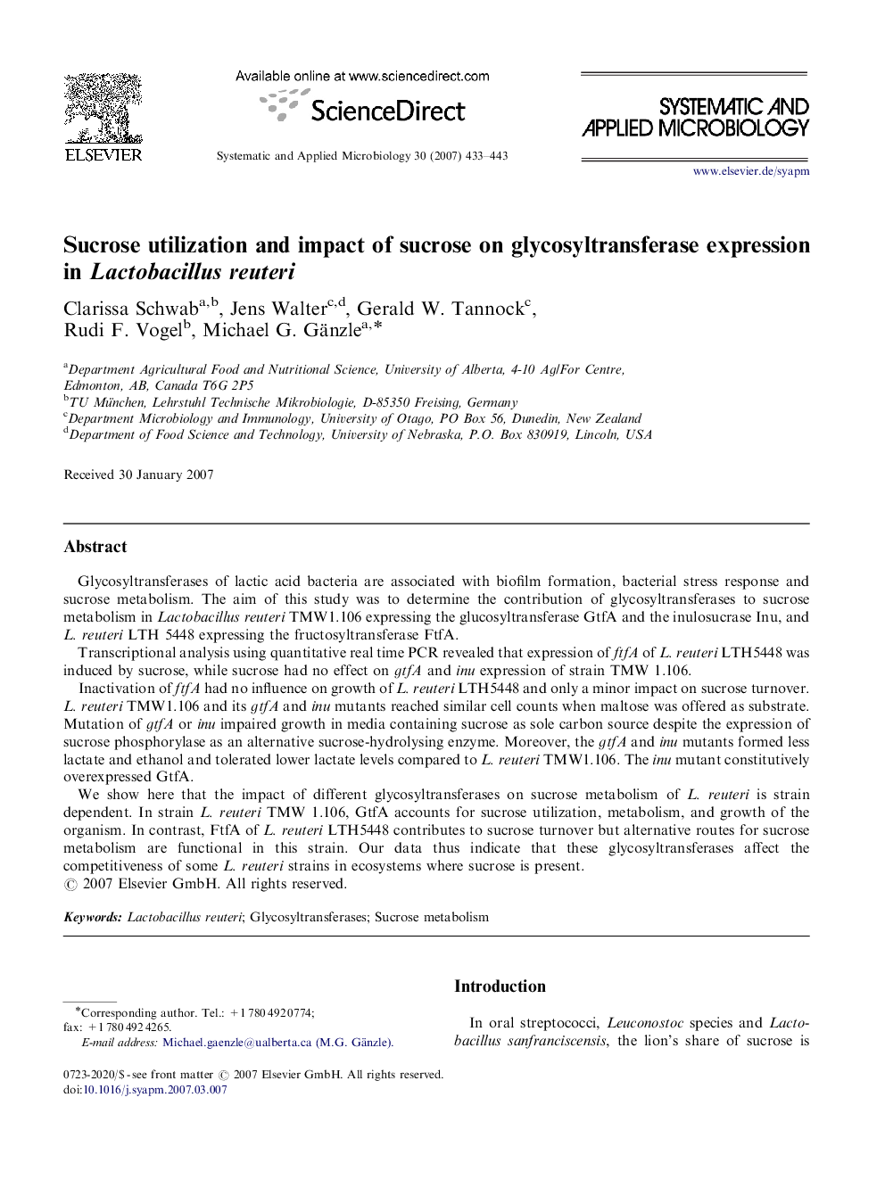 Sucrose utilization and impact of sucrose on glycosyltransferase expression in Lactobacillus reuteri