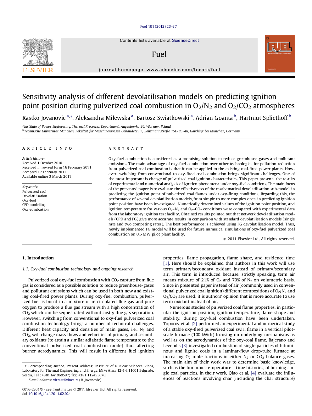 Sensitivity analysis of different devolatilisation models on predicting ignition point position during pulverized coal combustion in O2/N2 and O2/CO2 atmospheres