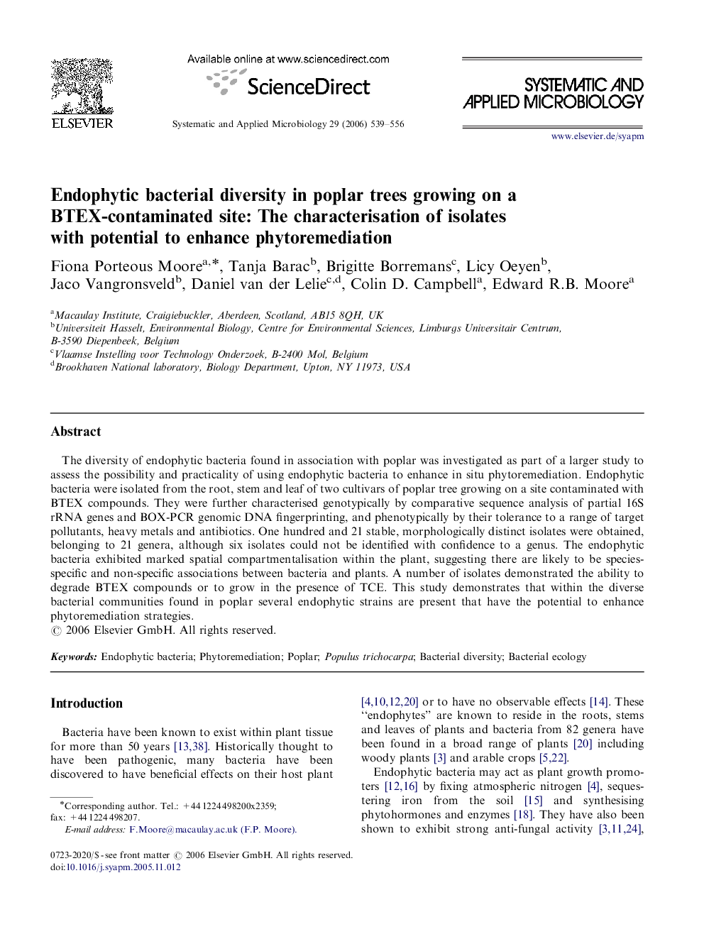 Endophytic bacterial diversity in poplar trees growing on a BTEX-contaminated site: The characterisation of isolates with potential to enhance phytoremediation