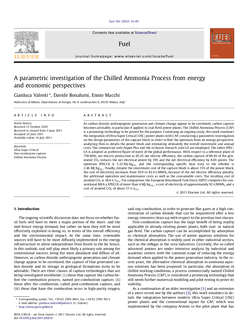 A parametric investigation of the Chilled Ammonia Process from energy and economic perspectives