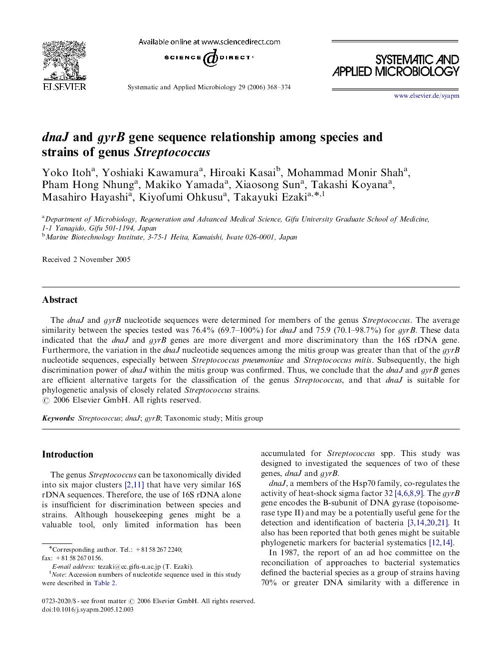 dnaJ and gyrB gene sequence relationship among species and strains of genus Streptococcus