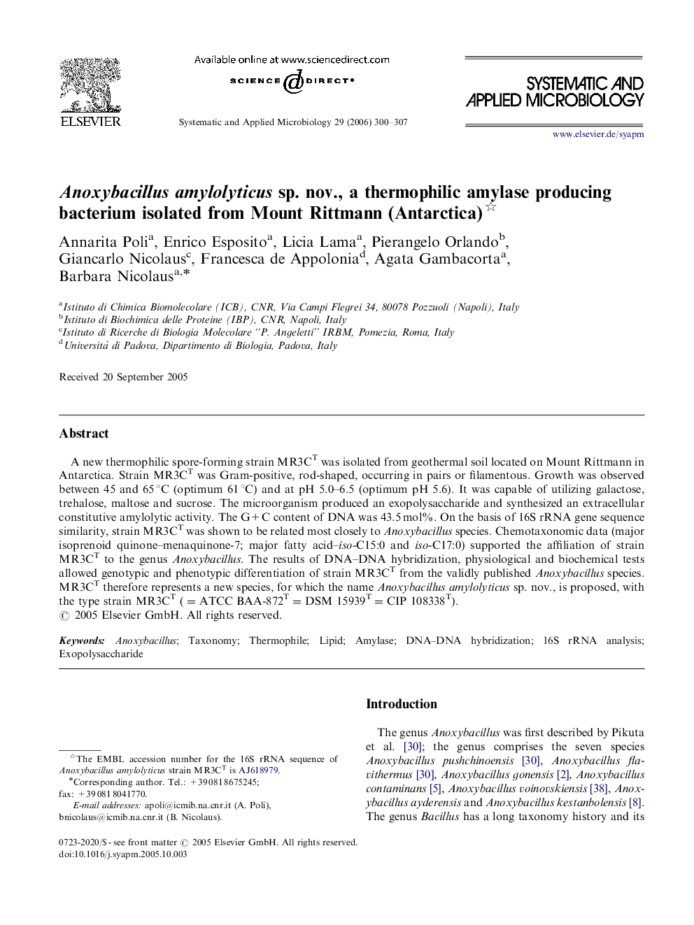 Anoxybacillus amylolyticus sp. nov., a thermophilic amylase producing bacterium isolated from Mount Rittmann (Antarctica) 