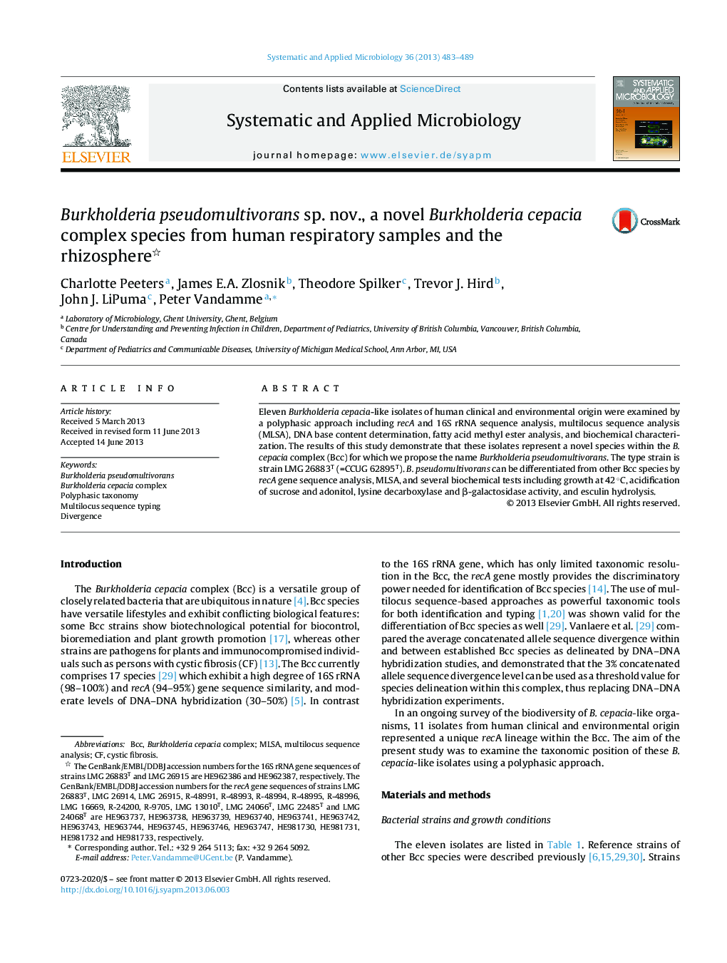 Burkholderia pseudomultivorans sp. nov., a novel Burkholderia cepacia complex species from human respiratory samples and the rhizosphere 