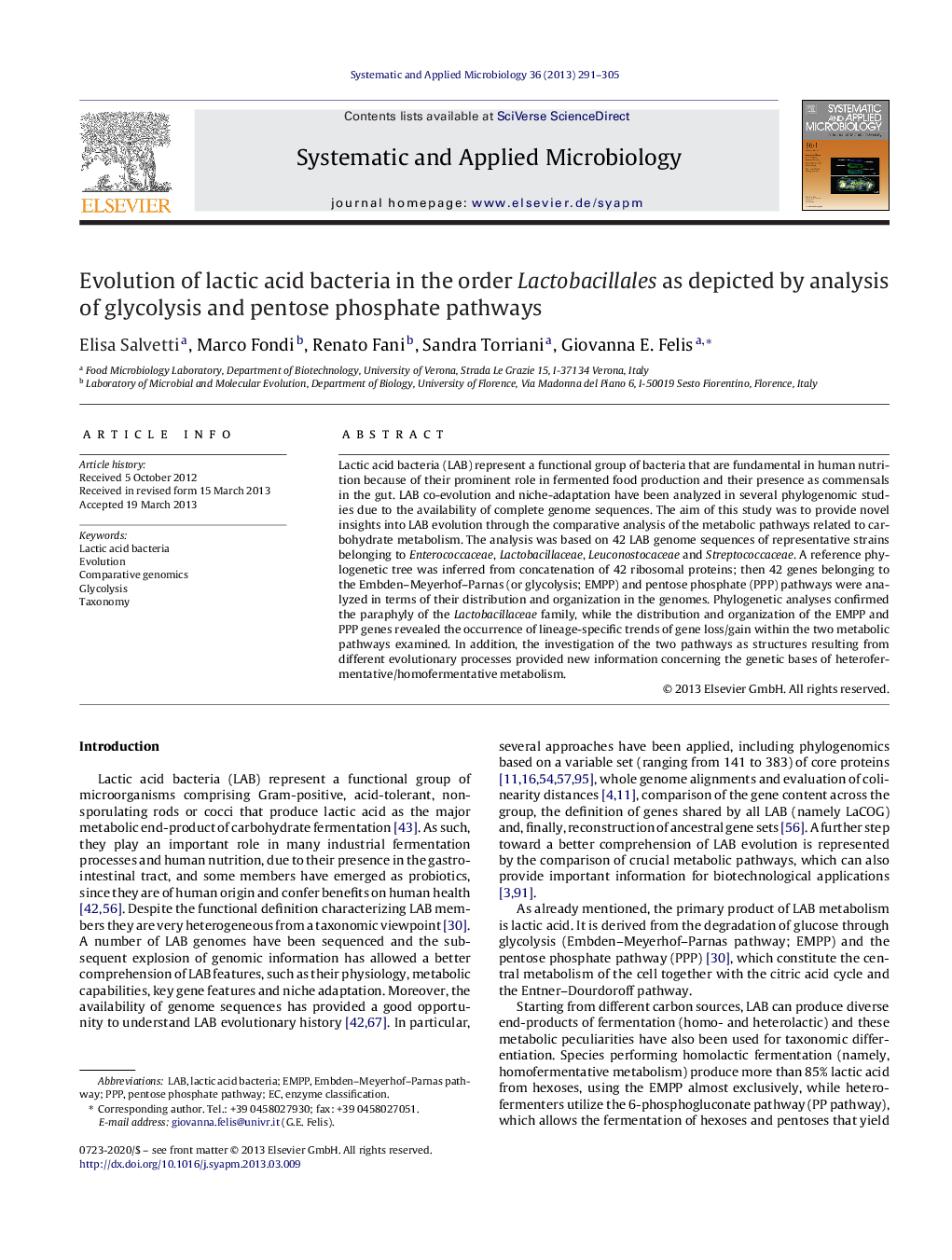 Evolution of lactic acid bacteria in the order Lactobacillales as depicted by analysis of glycolysis and pentose phosphate pathways