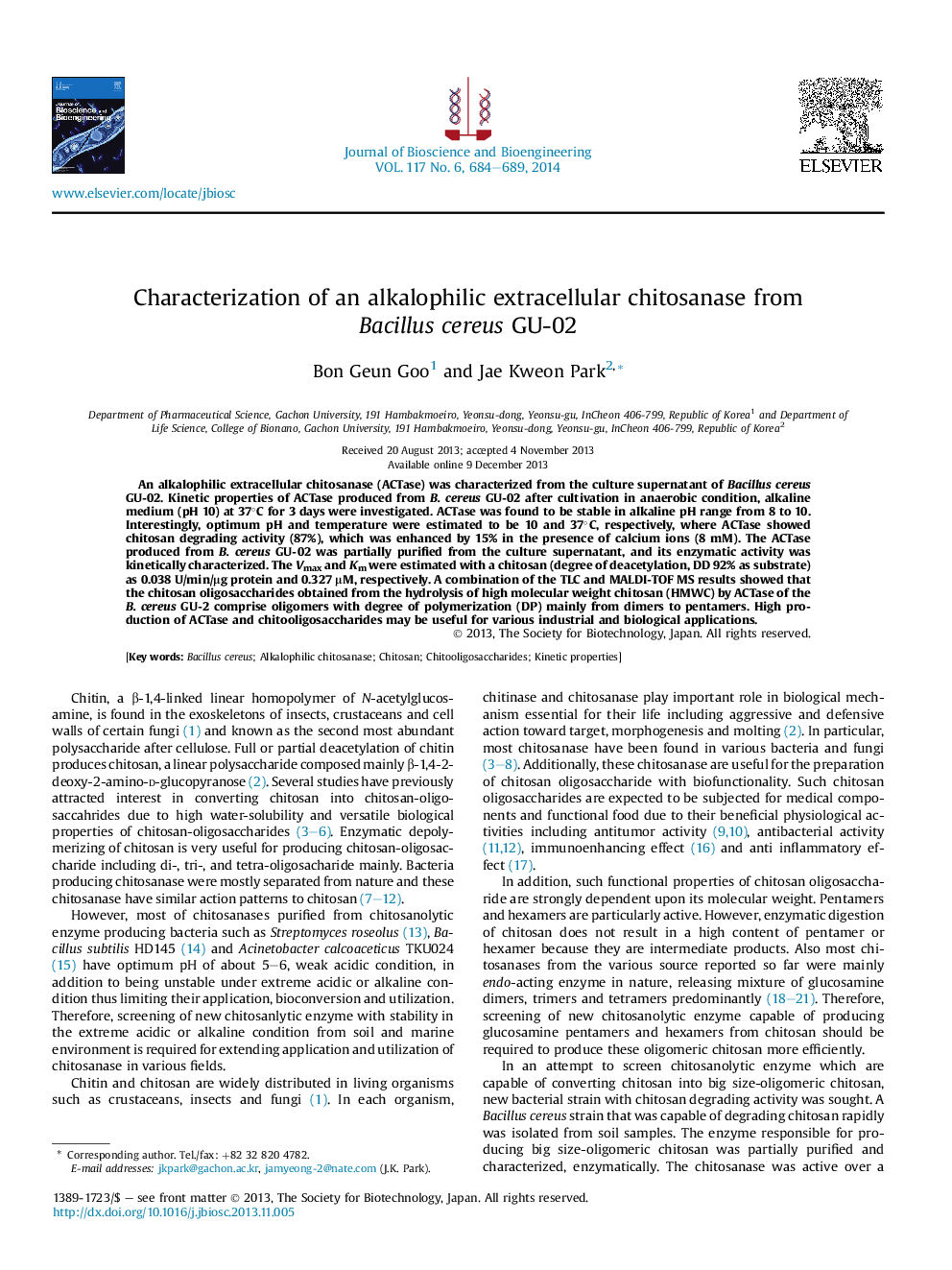 Characterization of an alkalophilic extracellular chitosanase from Bacillus cereus GU-02