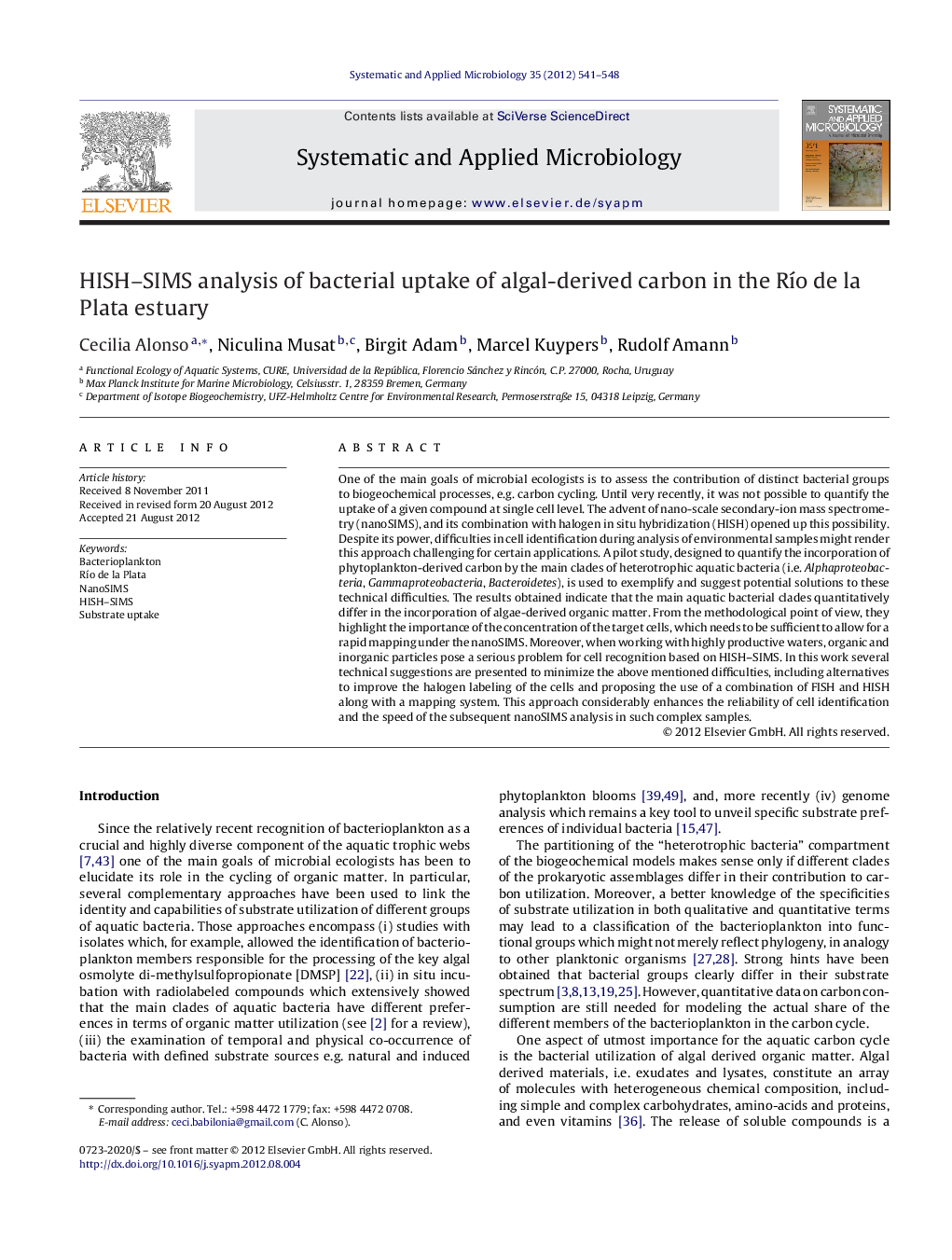 HISH–SIMS analysis of bacterial uptake of algal-derived carbon in the Río de la Plata estuary