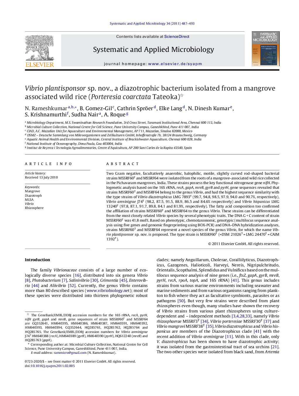 Vibrio plantisponsor sp. nov., a diazotrophic bacterium isolated from a mangrove associated wild rice (Porteresia coarctata Tateoka) 