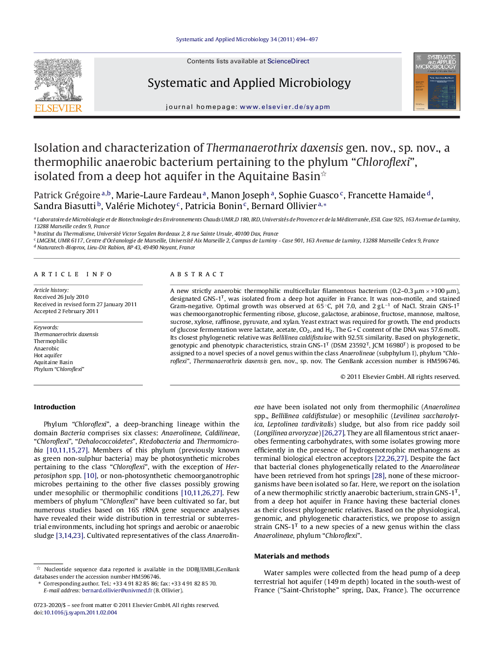 Isolation and characterization of Thermanaerothrix daxensis gen. nov., sp. nov., a thermophilic anaerobic bacterium pertaining to the phylum “Chloroflexi”, isolated from a deep hot aquifer in the Aquitaine Basin 