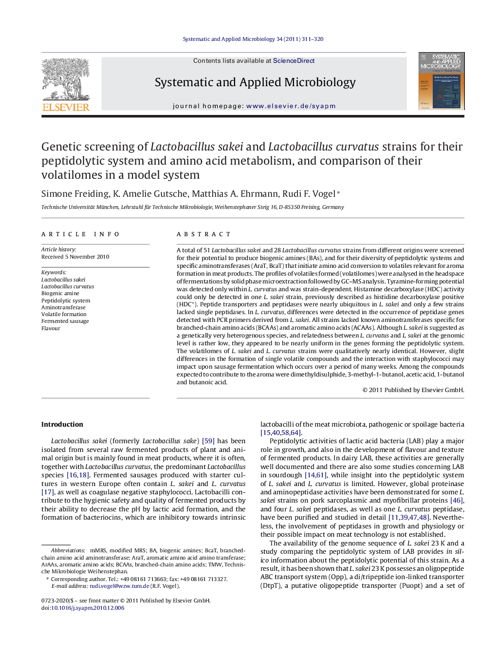 Genetic screening of Lactobacillus sakei and Lactobacillus curvatus strains for their peptidolytic system and amino acid metabolism, and comparison of their volatilomes in a model system