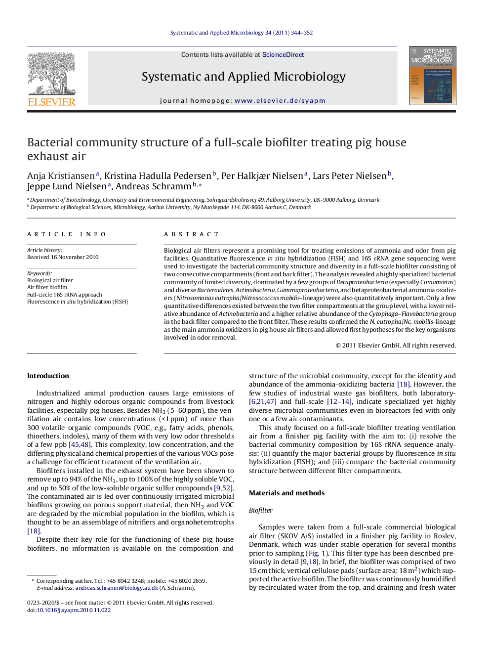 Bacterial community structure of a full-scale biofilter treating pig house exhaust air