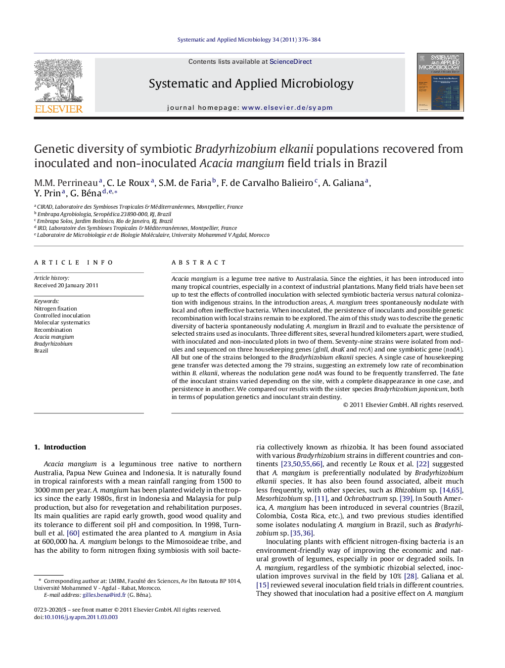 Genetic diversity of symbiotic Bradyrhizobium elkanii populations recovered from inoculated and non-inoculated Acacia mangium field trials in Brazil