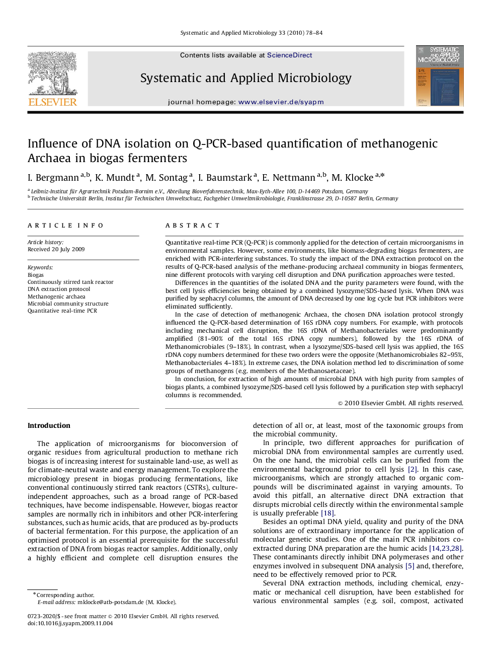 Influence of DNA isolation on Q-PCR-based quantification of methanogenic Archaea in biogas fermenters