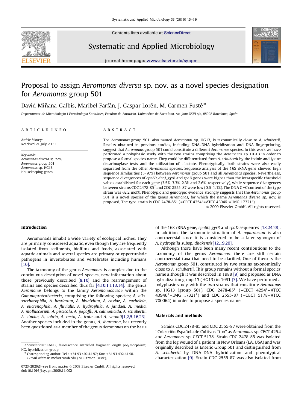 Proposal to assign Aeromonas diversa sp. nov. as a novel species designation for Aeromonas group 501