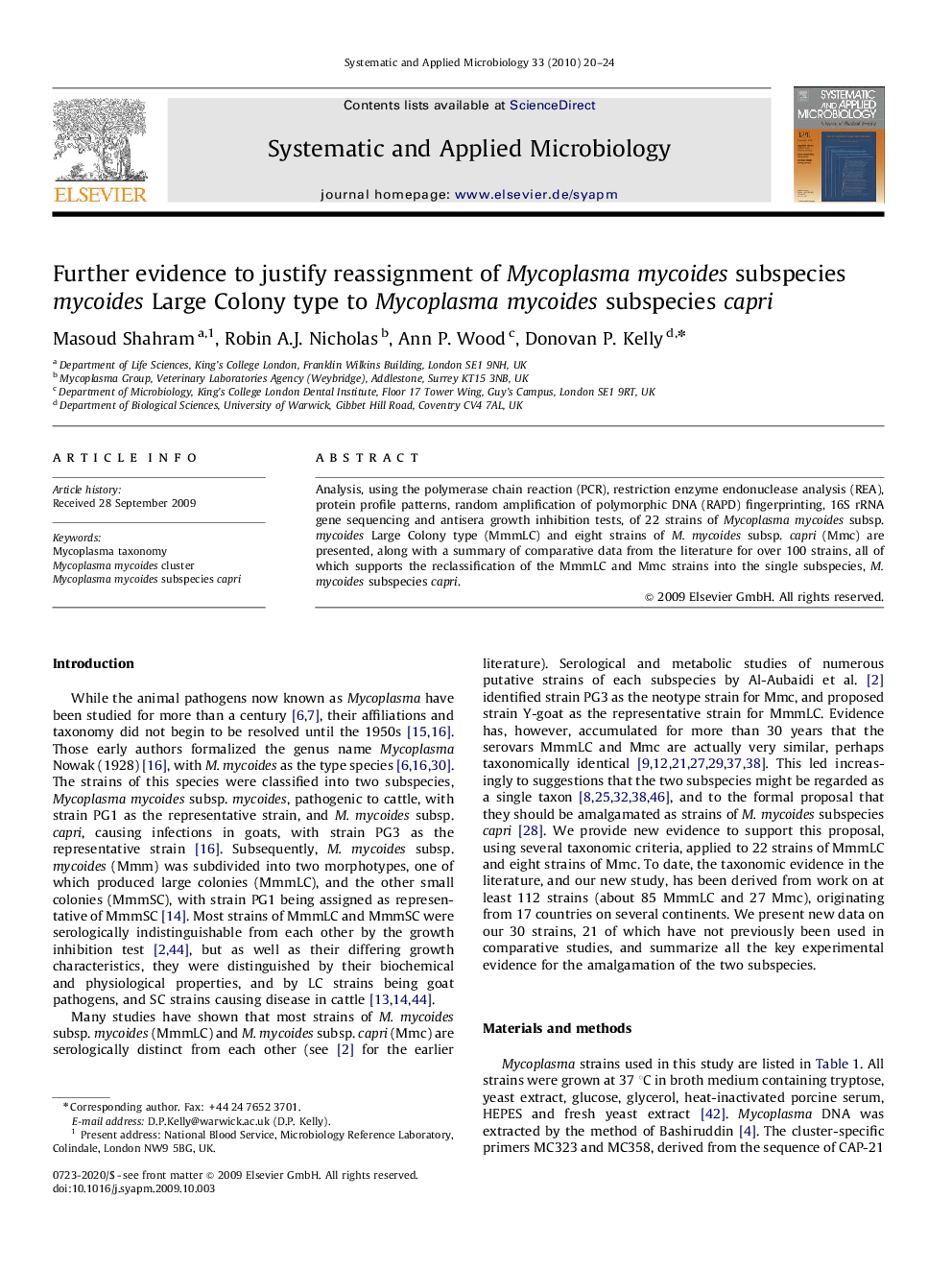 Further evidence to justify reassignment of Mycoplasma mycoides subspecies mycoides Large Colony type to Mycoplasma mycoides subspecies capri