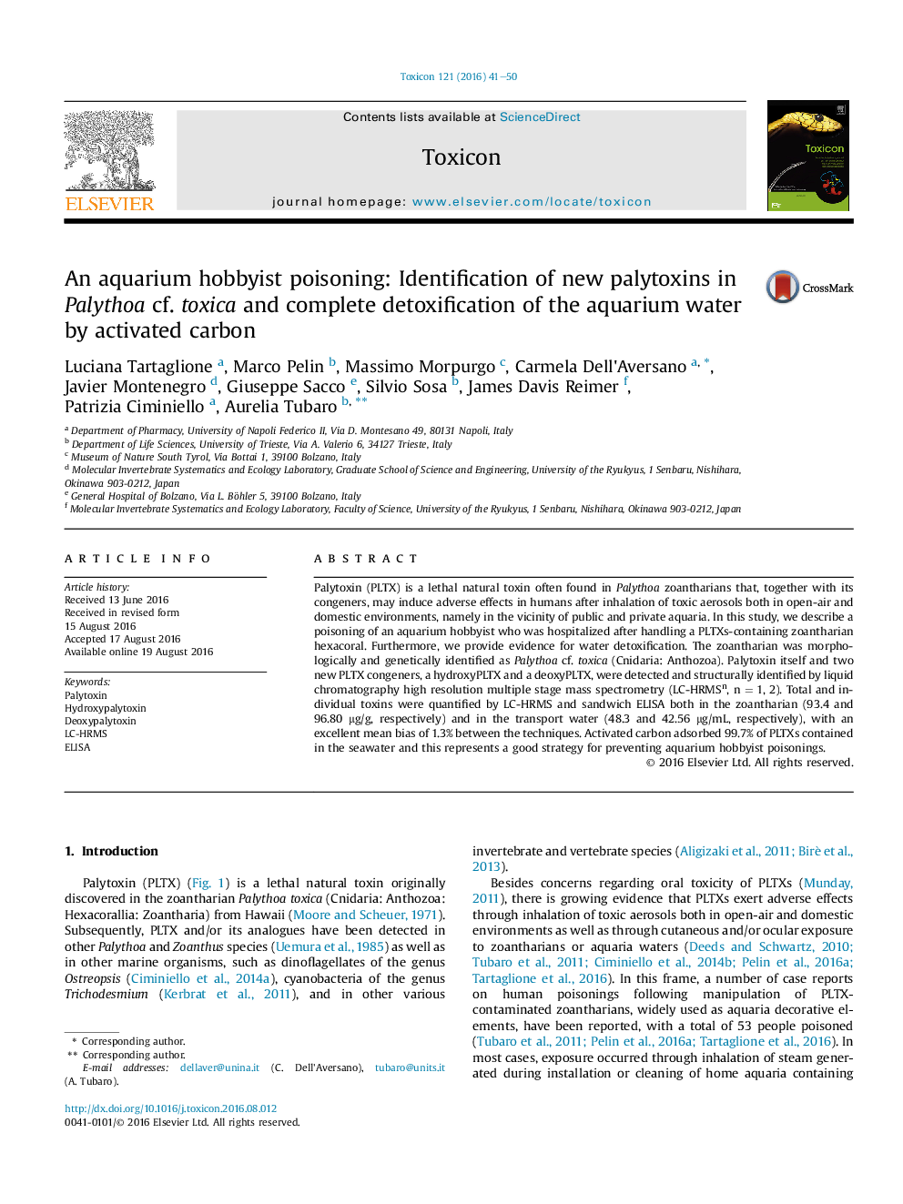 An aquarium hobbyist poisoning: Identification of new palytoxins in Palythoa cf. toxica and complete detoxification of the aquarium water by activated carbon