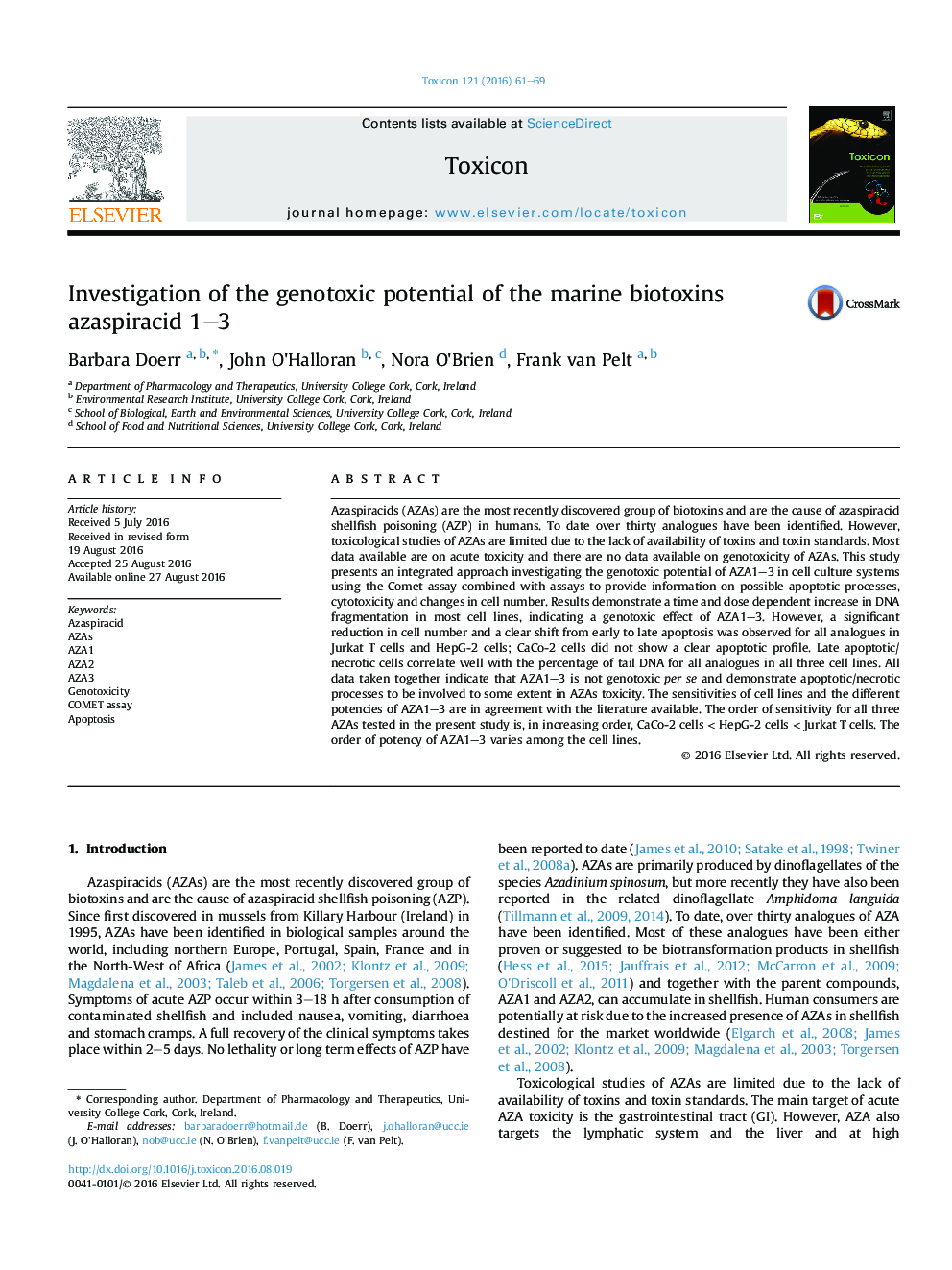 Investigation of the genotoxic potential of the marine biotoxins azaspiracid 1–3