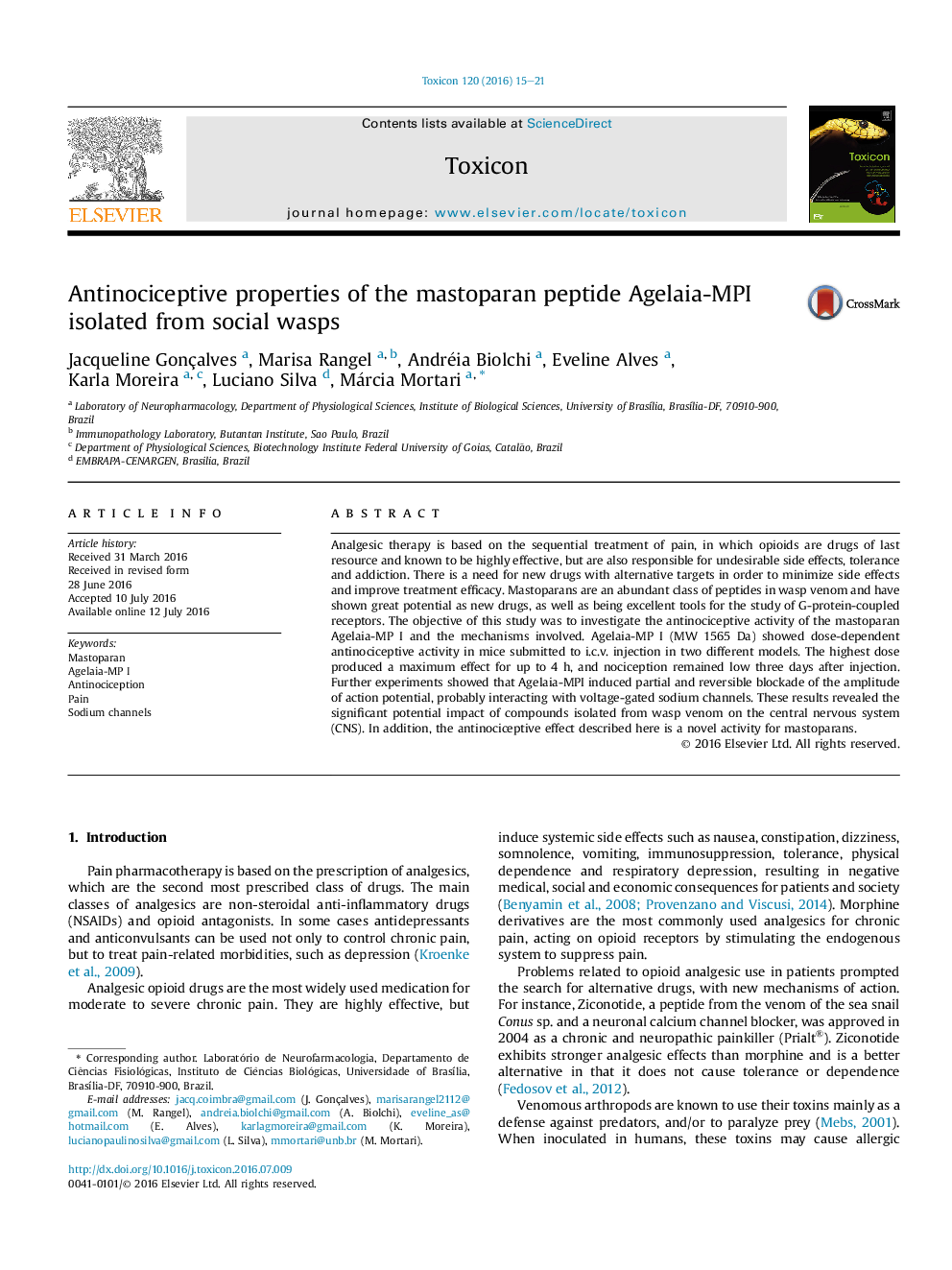 Antinociceptive properties of the mastoparan peptide Agelaia-MPI isolated from social wasps