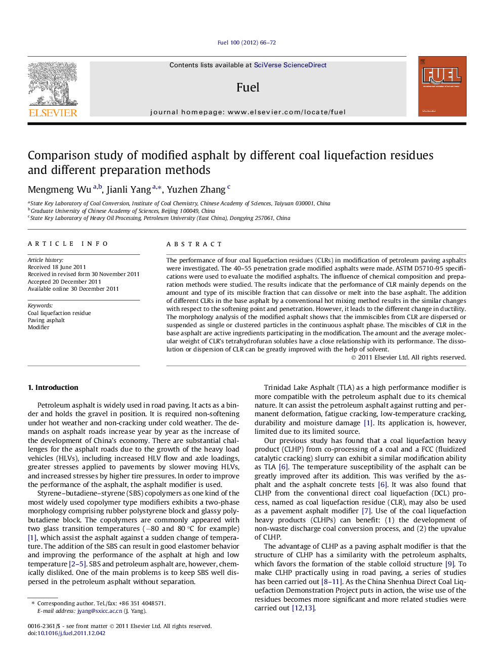 عکس صفحه اول مقاله: Comparison study of modified asphalt by different coal liquefaction residues and different preparation methods Comparison study of modified asphalt by different coal liquefaction residues and different preparation methods