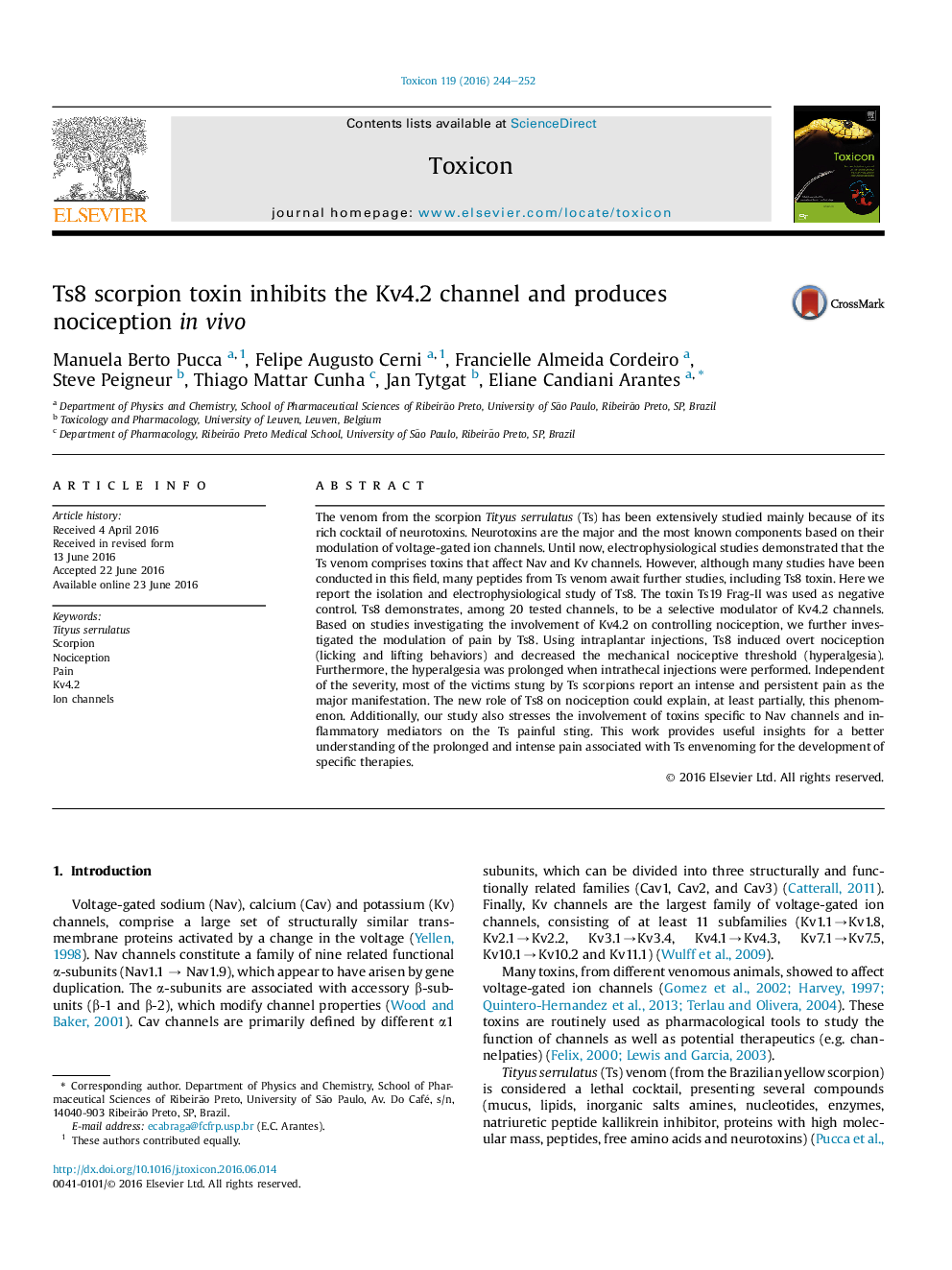 Ts8 scorpion toxin inhibits the Kv4.2 channel and produces nociception in vivo