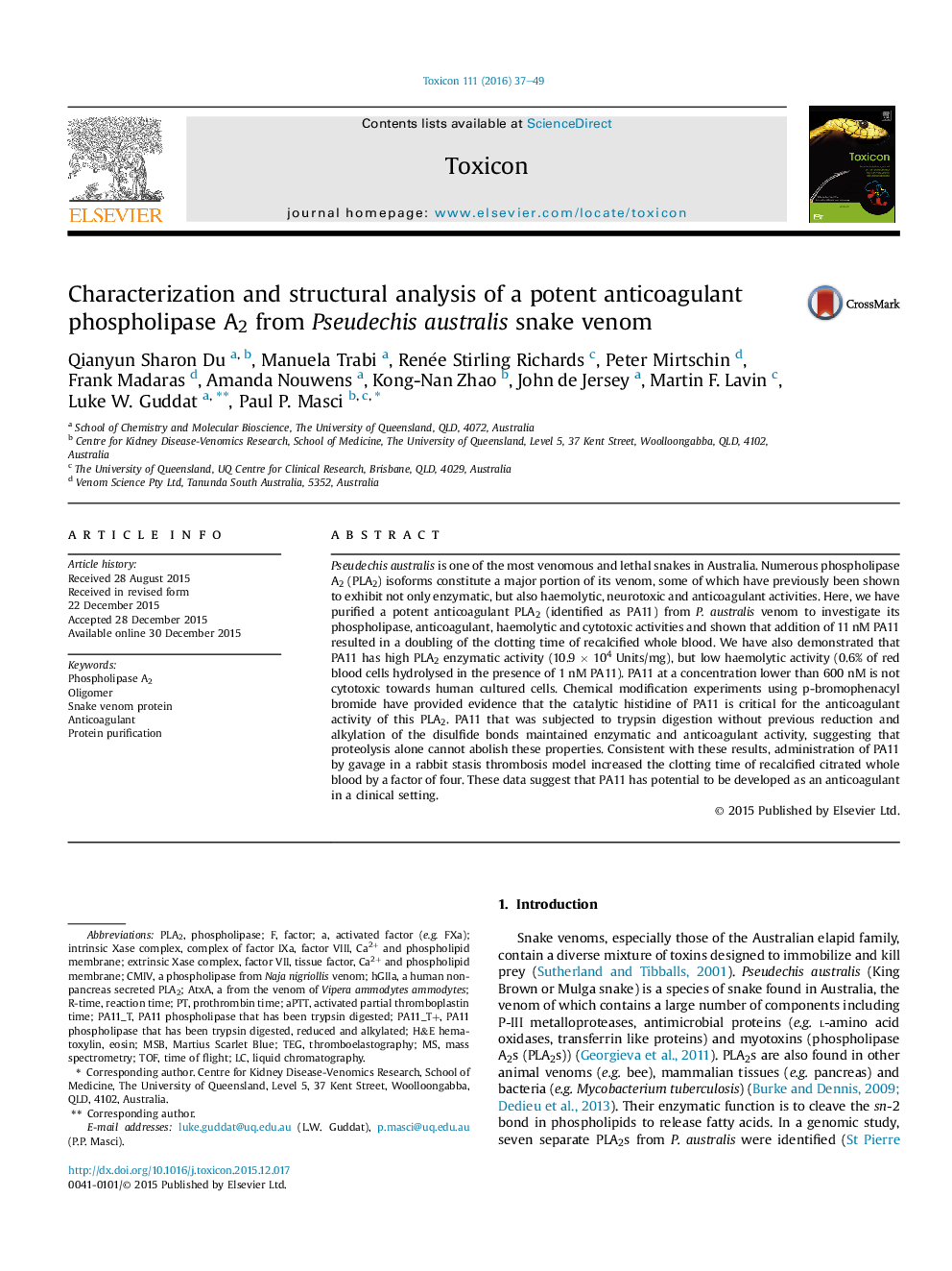 عکس صفحه اول مقاله: Characterization and structural analysis of a potent anticoagulant phospholipase A2 from Pseudechis australis snake venom Characterization and structural analysis of a potent anticoagulant phospholipase A2 from Pseudechis australis snake venom