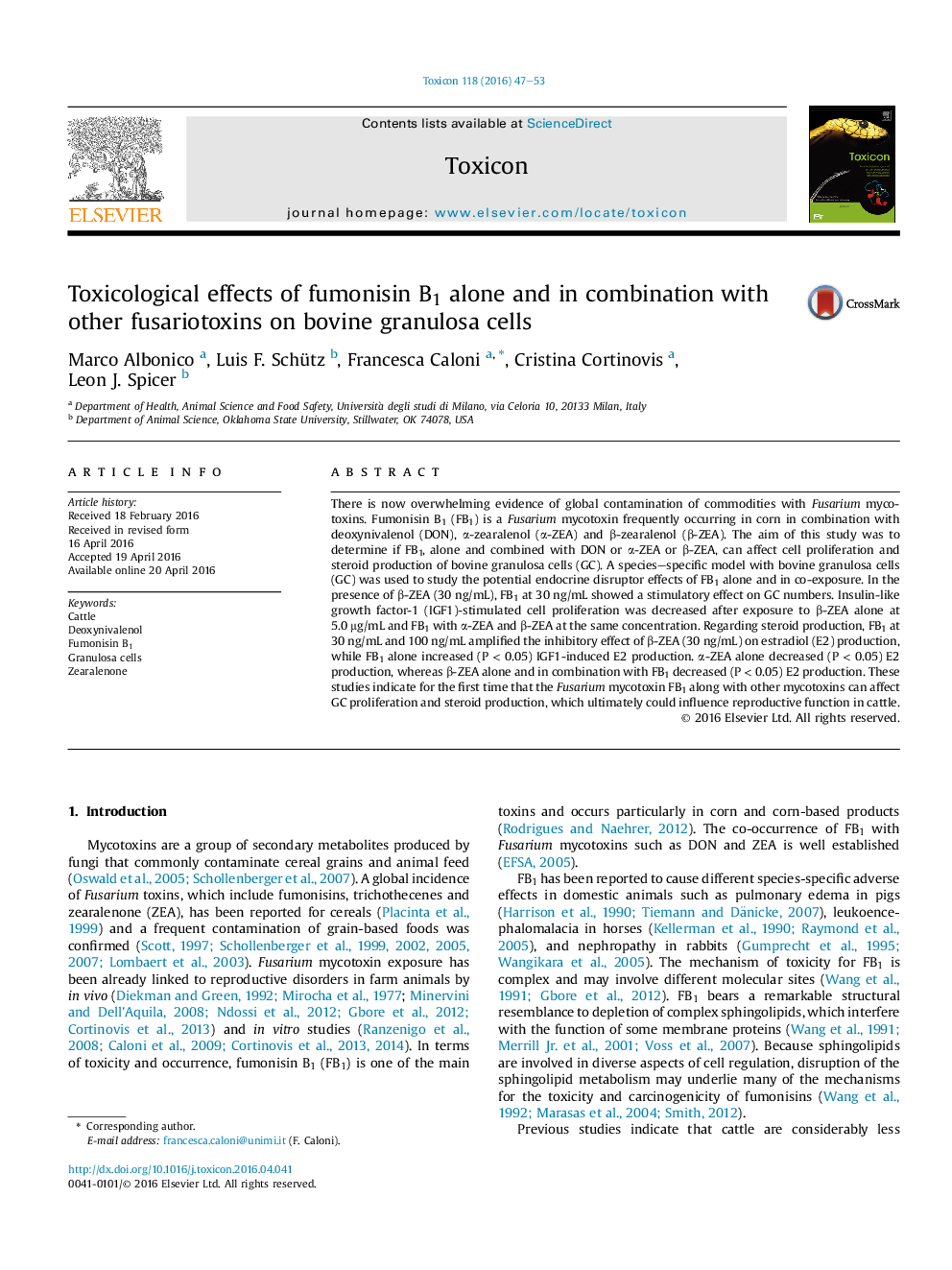 Toxicological effects of fumonisin B1 alone and in combination with other fusariotoxins on bovine granulosa cells