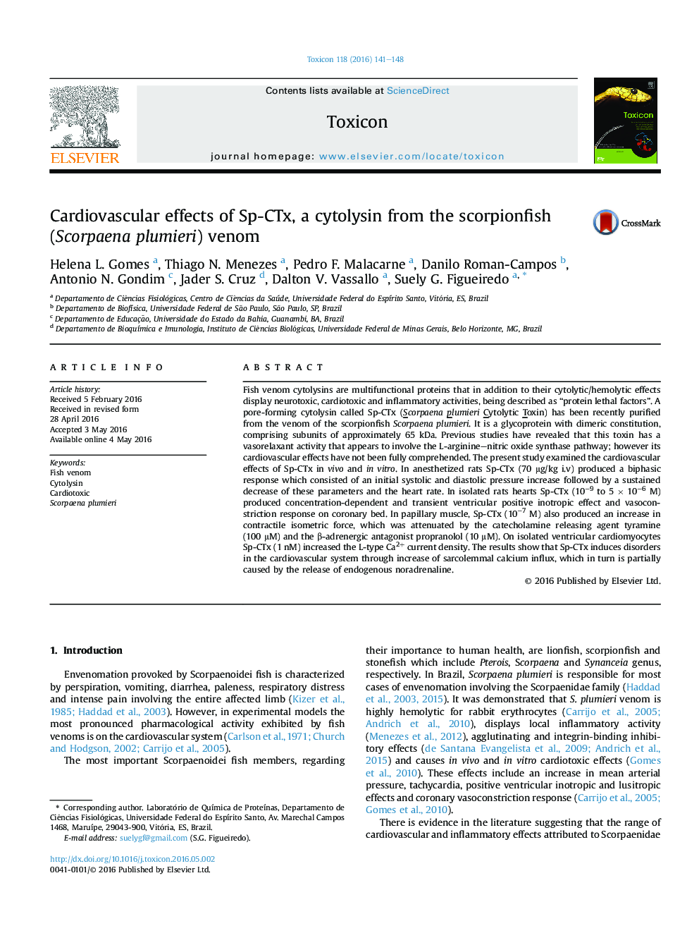 Cardiovascular effects of Sp-CTx, a cytolysin from the scorpionfish (Scorpaena plumieri) venom