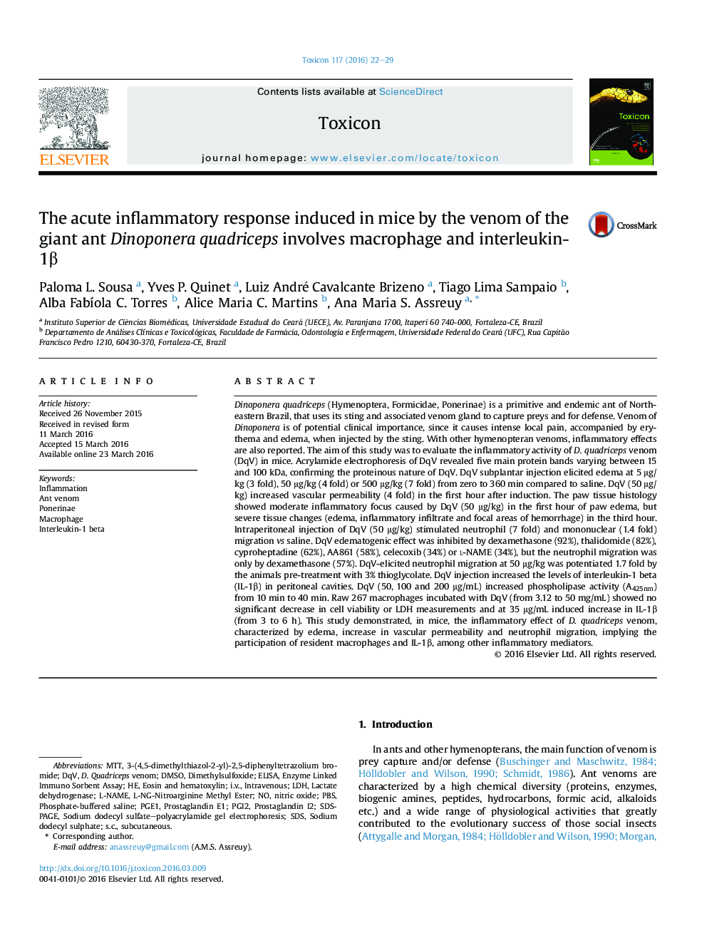 The acute inflammatory response induced in mice by the venom of the giant ant Dinoponera quadriceps involves macrophage and interleukin-1β