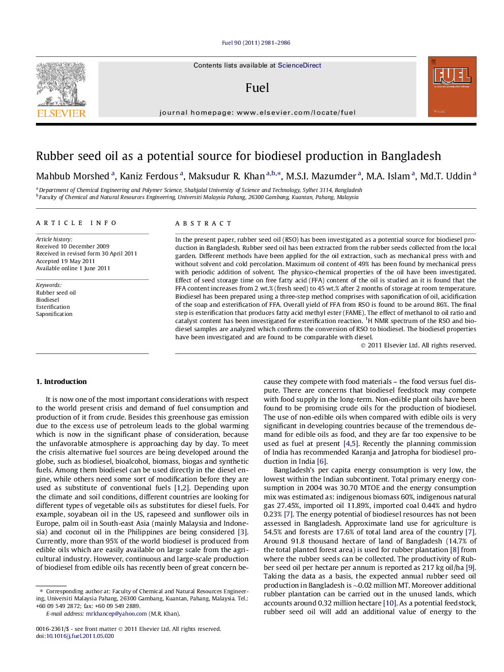 Rubber seed oil as a potential source for biodiesel production in Bangladesh