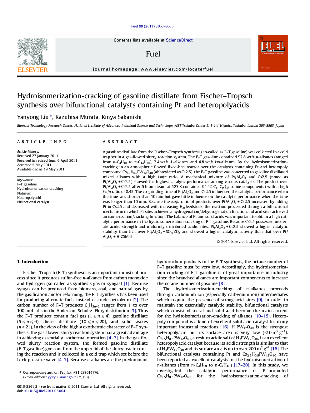 Hydroisomerization-cracking of gasoline distillate from Fischer–Tropsch synthesis over bifunctional catalysts containing Pt and heteropolyacids